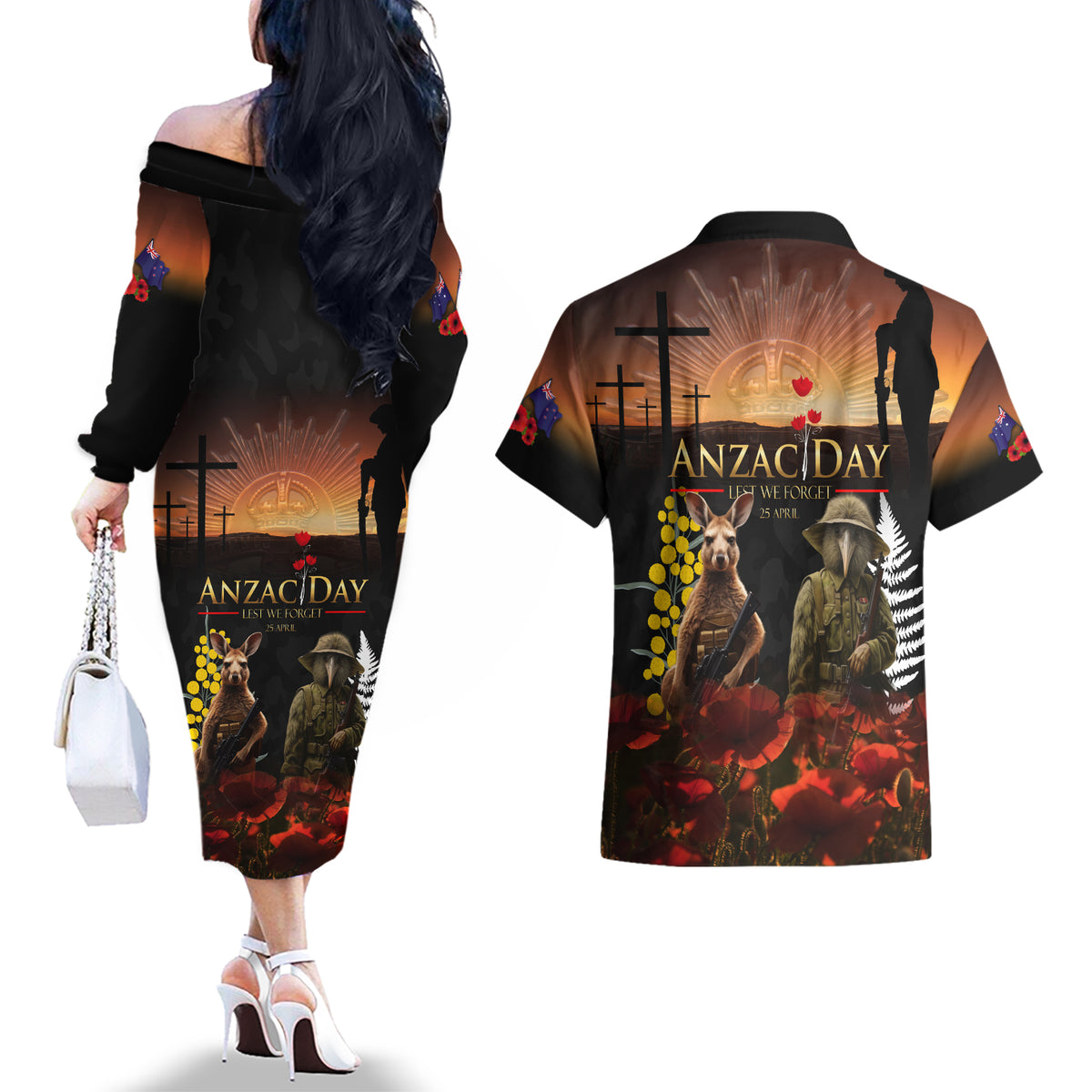New Zealand and Australia ANZAC Day Couples Matching Off The Shoulder Long Sleeve Dress and Hawaiian Shirt Kiwi Bird and Kangaroo Soldier LT03 - Polynesian Pride