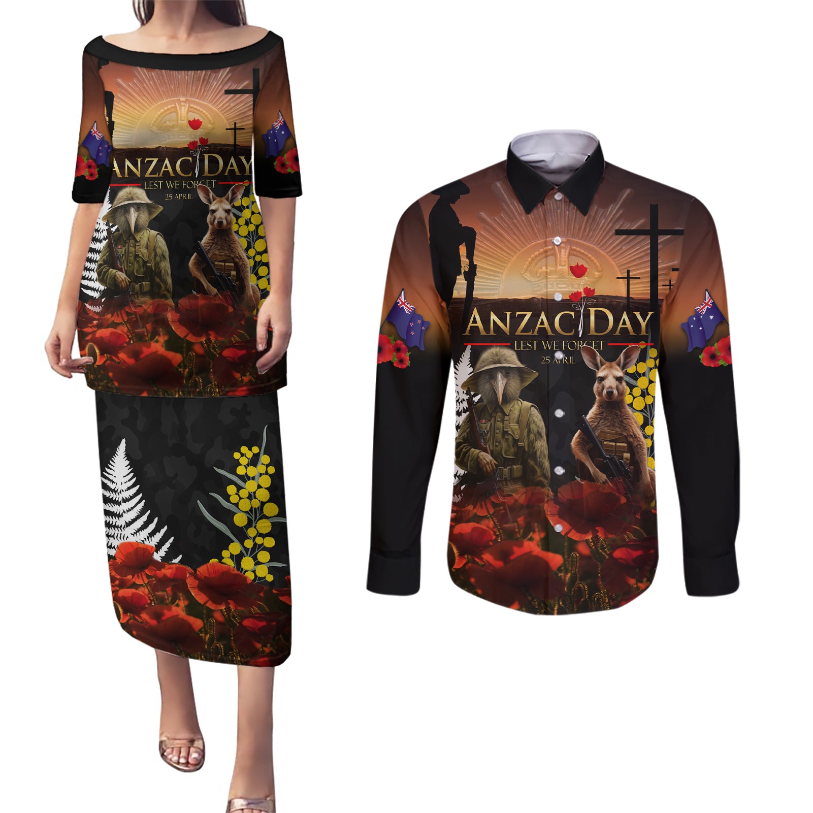 New Zealand and Australia ANZAC Day Couples Matching Puletasi and Long Sleeve Button Shirt Kiwi Bird and Kangaroo Soldier LT03 Black - Polynesian Pride