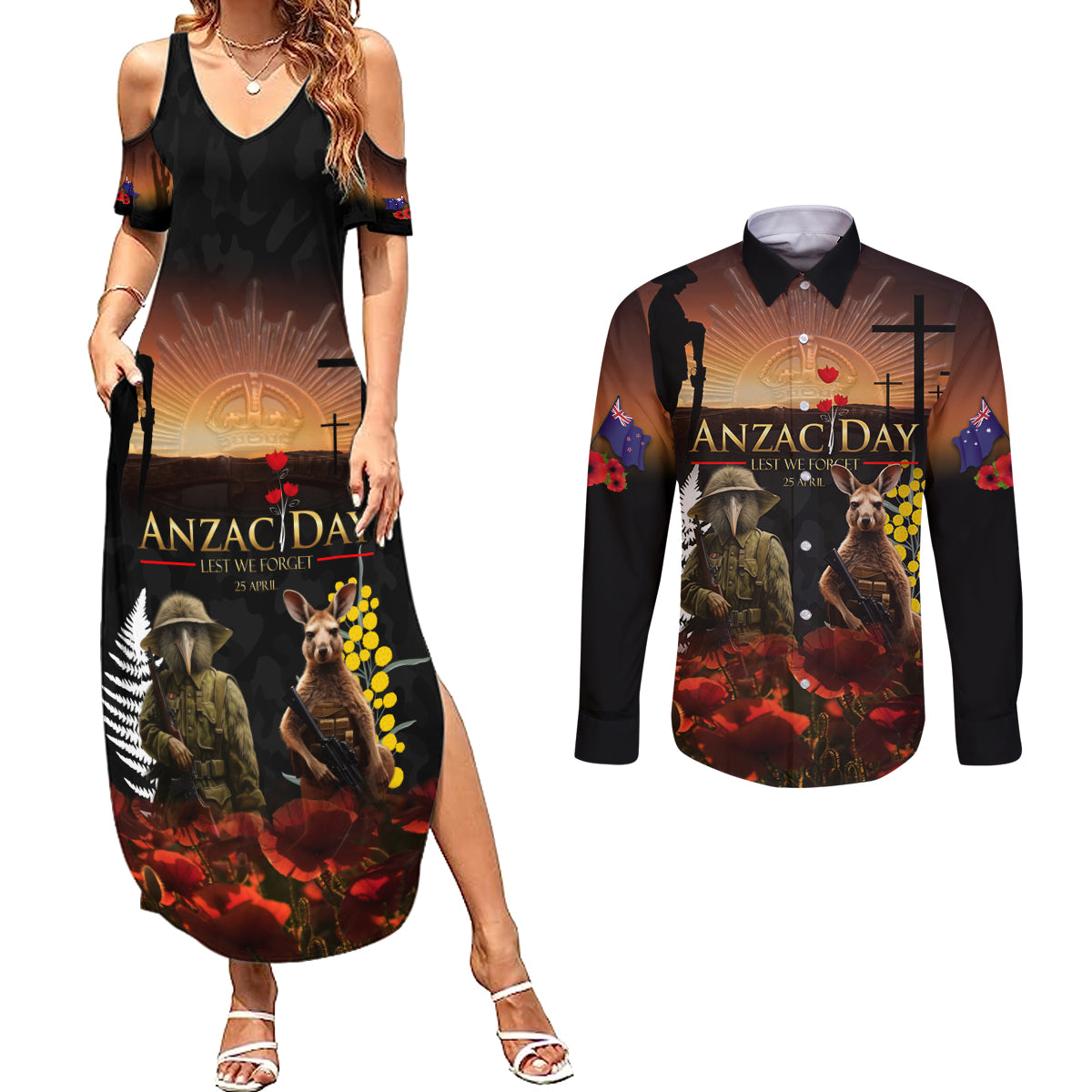 New Zealand and Australia ANZAC Day Couples Matching Summer Maxi Dress and Long Sleeve Button Shirt Kiwi Bird and Kangaroo Soldier LT03 Black - Polynesian Pride