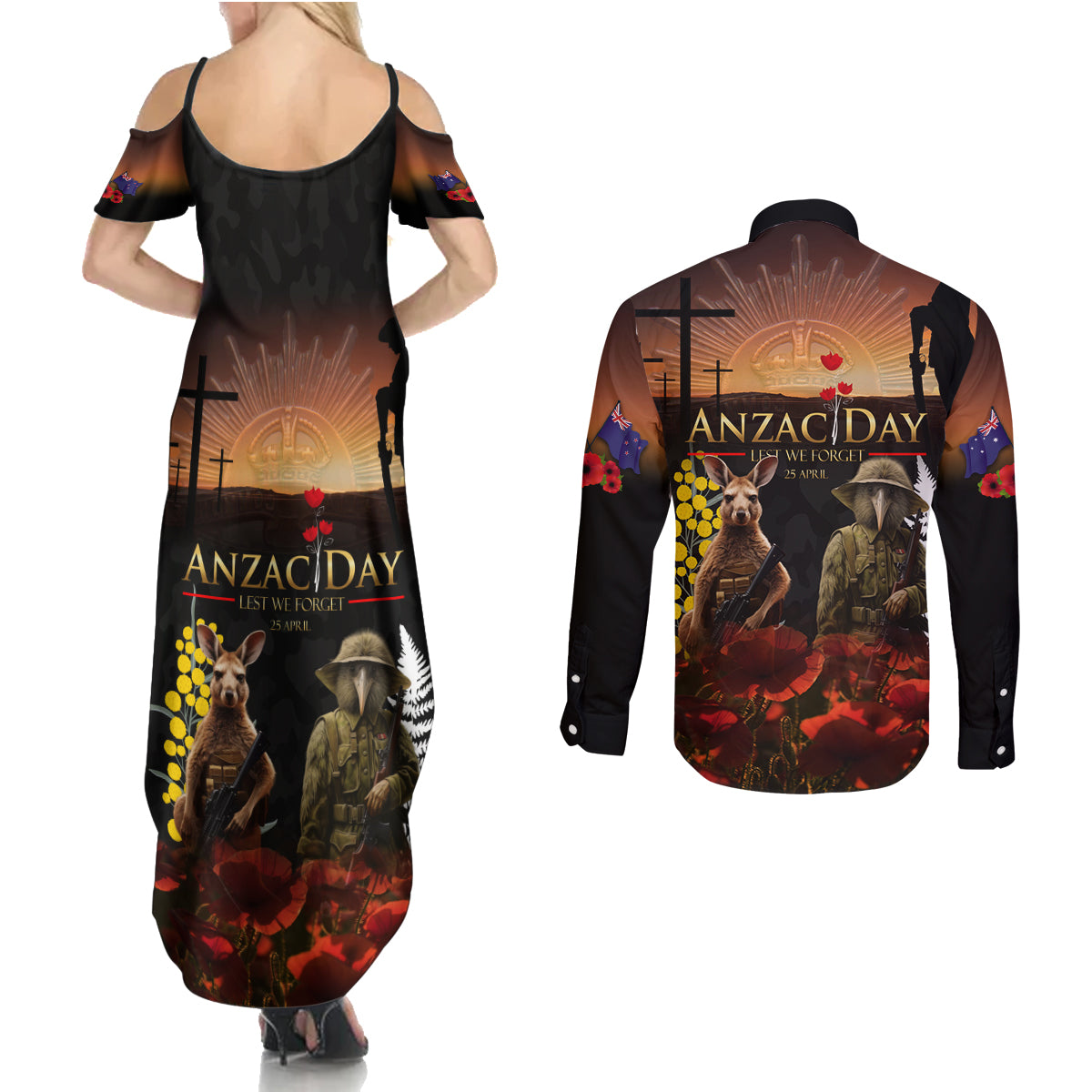 New Zealand and Australia ANZAC Day Couples Matching Summer Maxi Dress and Long Sleeve Button Shirt Kiwi Bird and Kangaroo Soldier LT03 - Polynesian Pride