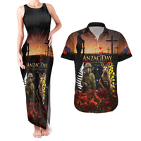 New Zealand and Australia ANZAC Day Couples Matching Tank Maxi Dress and Hawaiian Shirt Kiwi Bird and Kangaroo Soldier LT03 Black - Polynesian Pride