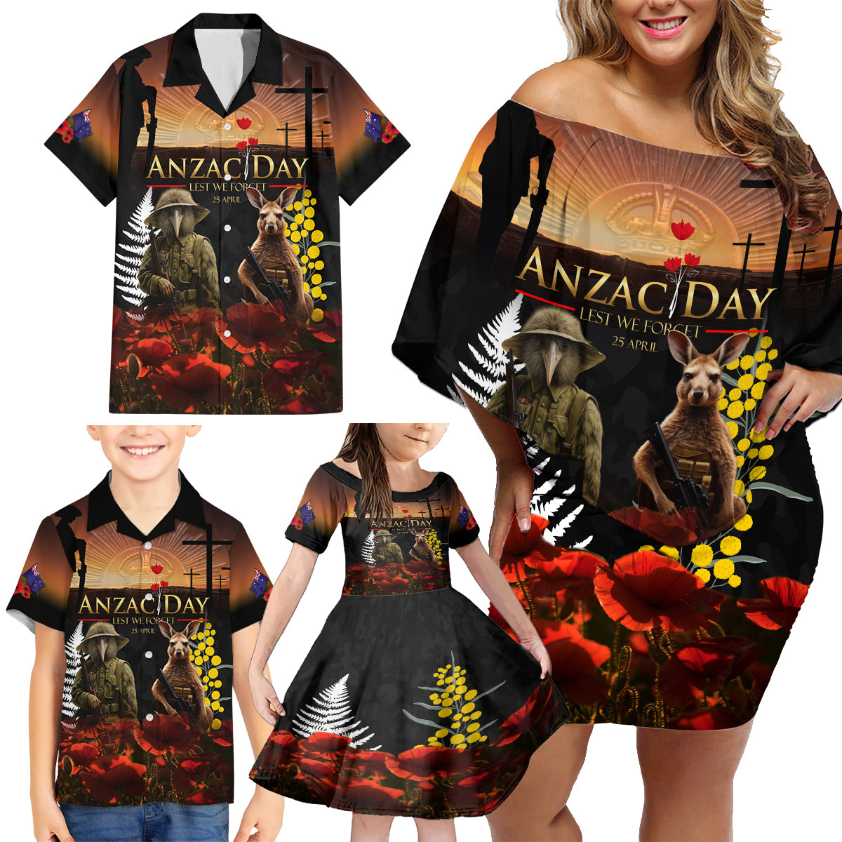 New Zealand and Australia ANZAC Day Family Matching Off Shoulder Short Dress and Hawaiian Shirt Kiwi Bird and Kangaroo Soldier LT03 - Polynesian Pride