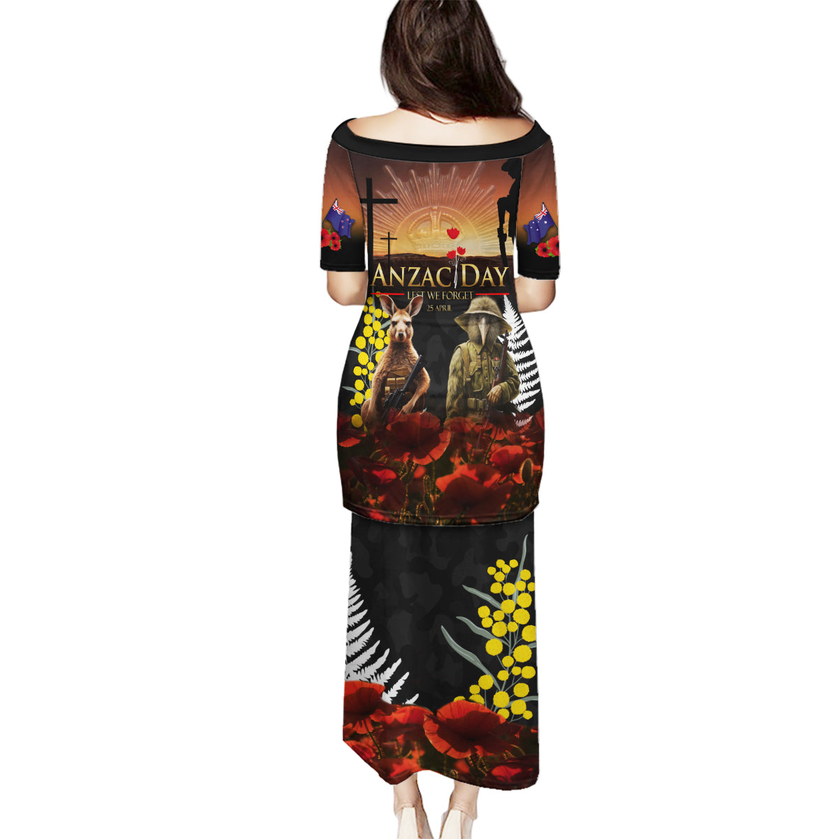 New Zealand and Australia ANZAC Day Family Matching Puletasi and Hawaiian Shirt Kiwi Bird and Kangaroo Soldier LT03 - Polynesian Pride