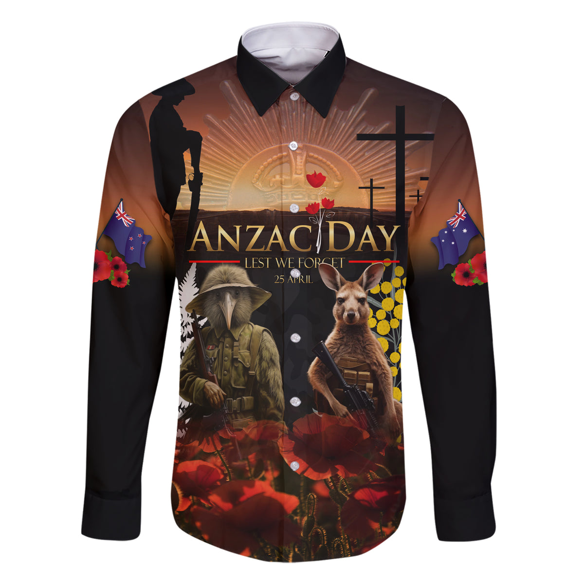 New Zealand and Australia ANZAC Day Family Matching Short Sleeve Bodycon Dress and Hawaiian Shirt Kiwi Bird and Kangaroo Soldier LT03 Dad's Shirt - Long Sleeve Black - Polynesian Pride