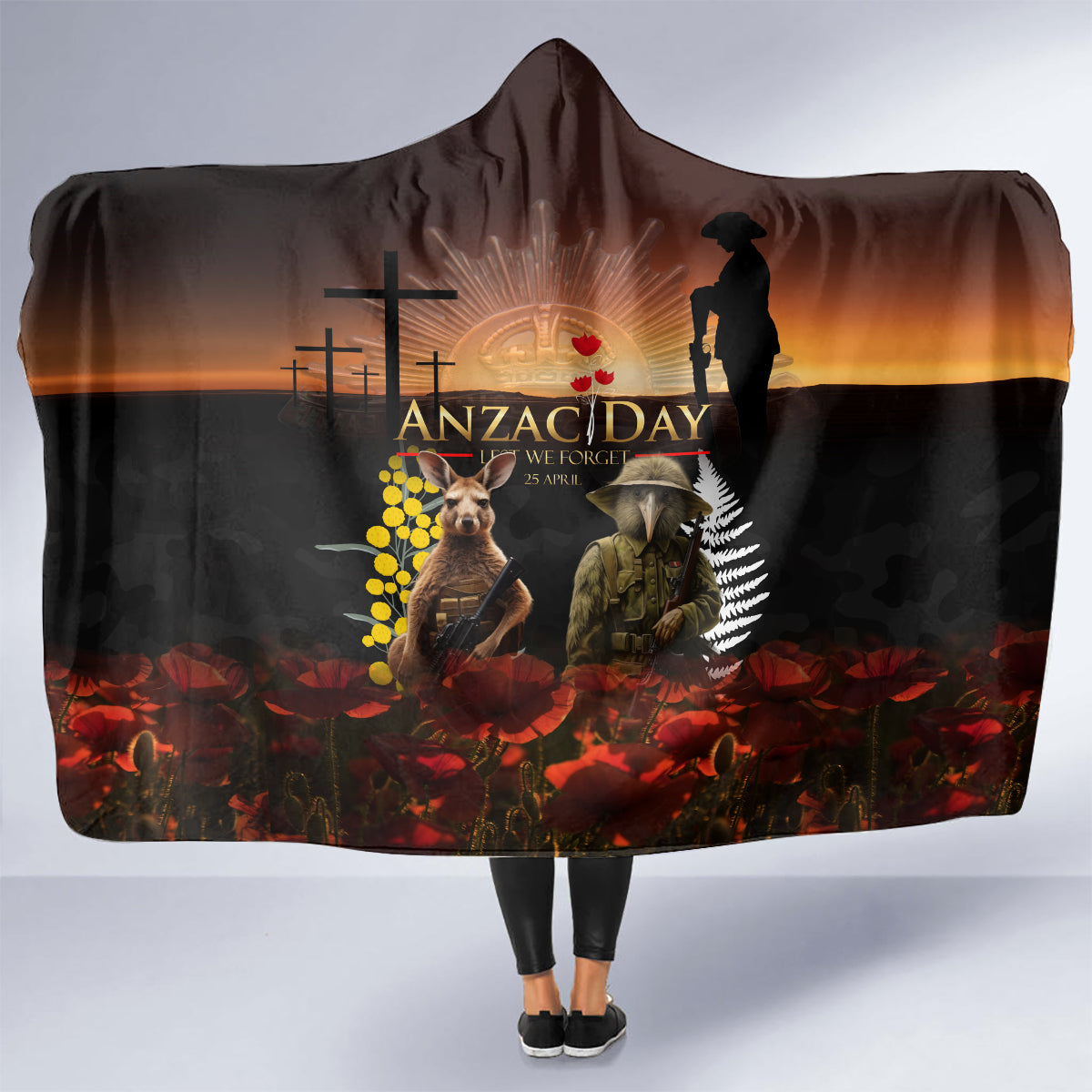 New Zealand and Australia ANZAC Day Hooded Blanket Kiwi Bird and Kangaroo Soldier LT03 - Polynesian Pride