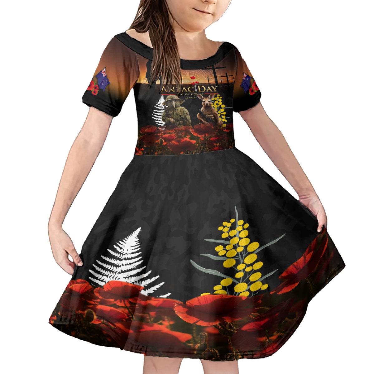 New Zealand and Australia ANZAC Day Kid Short Sleeve Dress Kiwi Bird and Kangaroo Soldier LT03 KID Black - Polynesian Pride