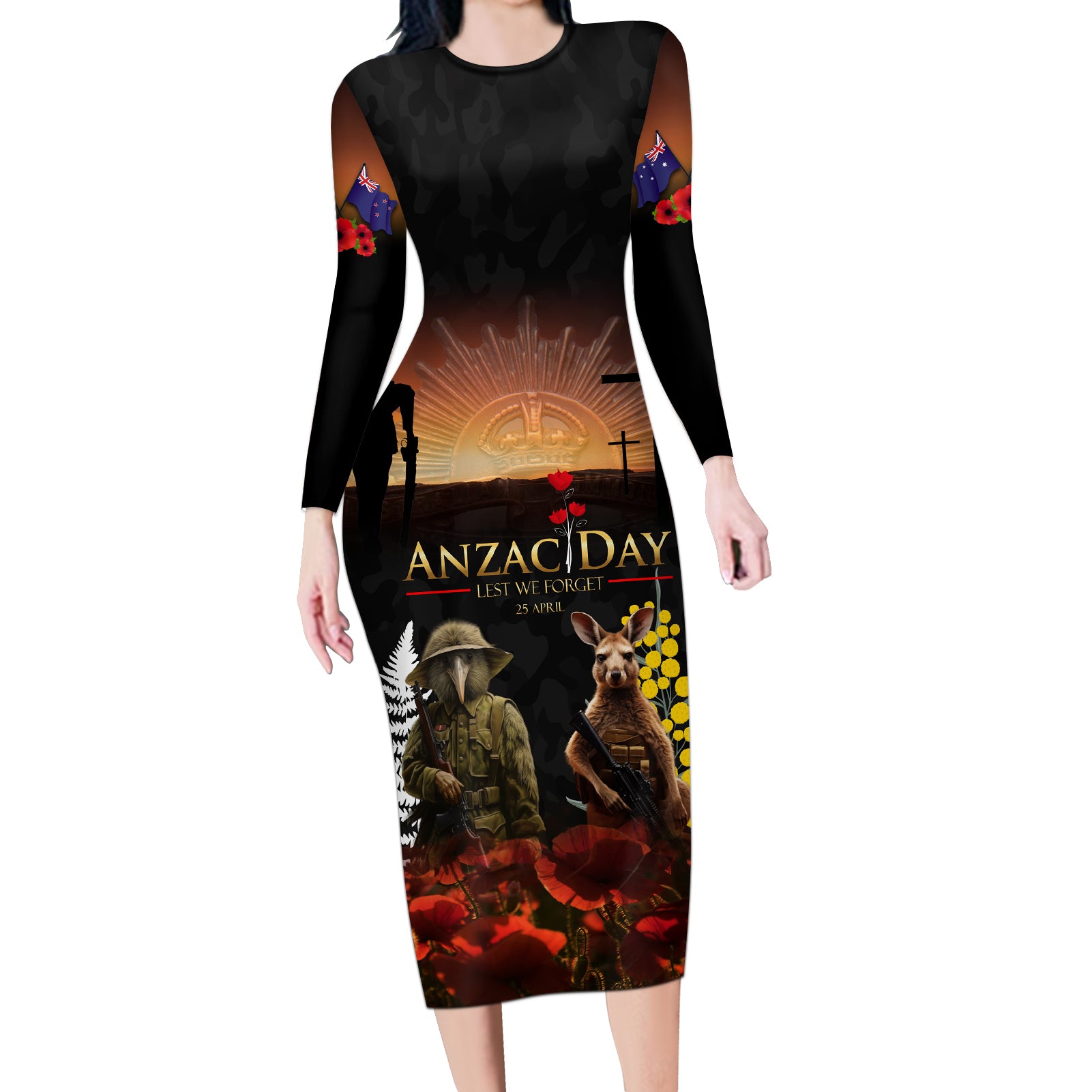 New Zealand and Australia ANZAC Day Long Sleeve Bodycon Dress Kiwi Bird and Kangaroo Soldier LT03 Long Dress Black - Polynesian Pride