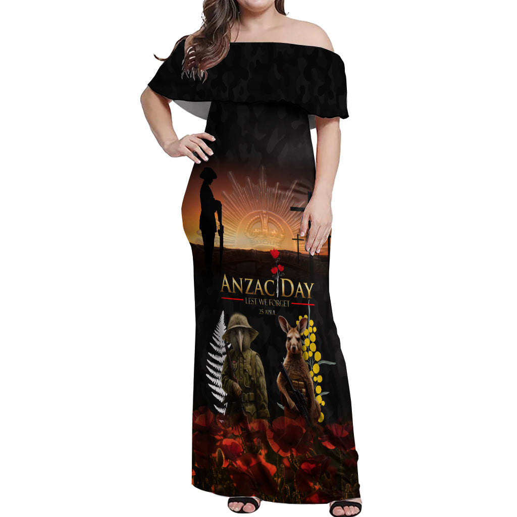 New Zealand and Australia ANZAC Day Off Shoulder Maxi Dress Kiwi Bird and Kangaroo Soldier LT03 Women Black - Polynesian Pride