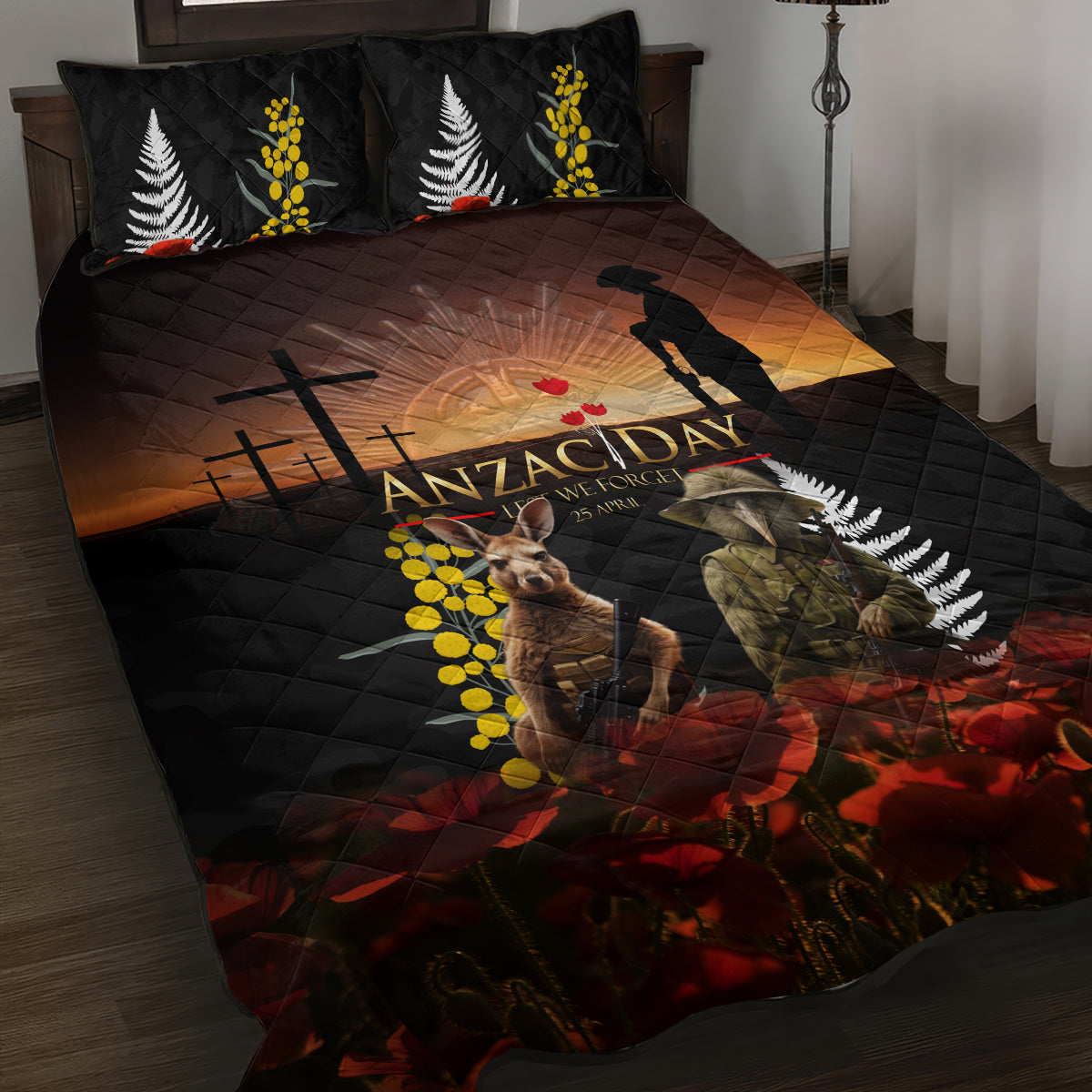 New Zealand and Australia ANZAC Day Quilt Bed Set Kiwi Bird and Kangaroo Soldier LT03 Black - Polynesian Pride