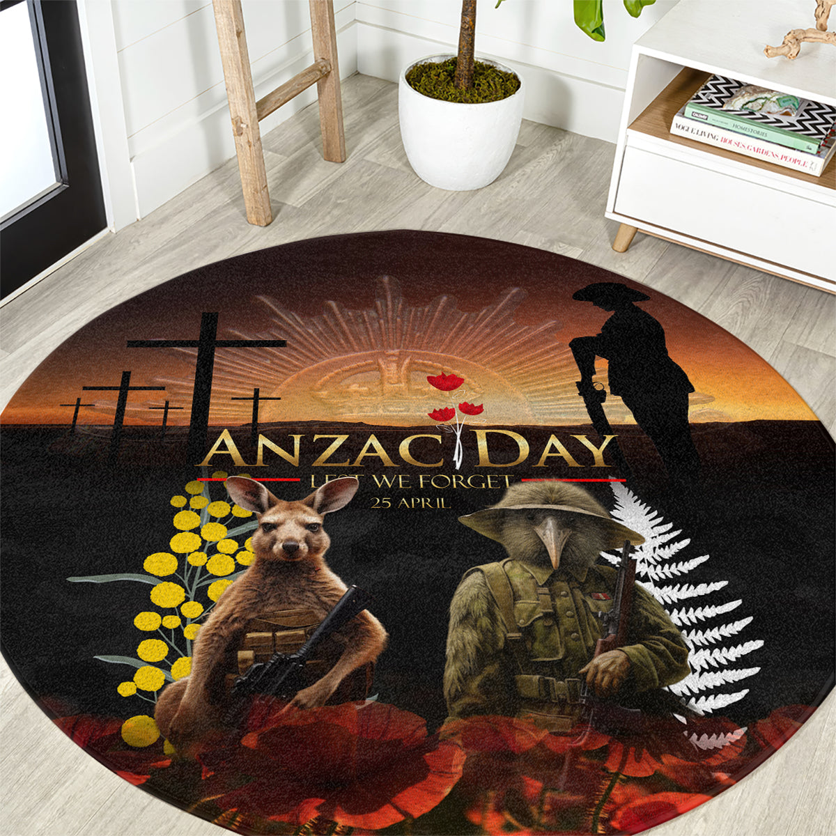 New Zealand and Australia ANZAC Day Round Carpet Kiwi Bird and Kangaroo Soldier LT03 Black - Polynesian Pride