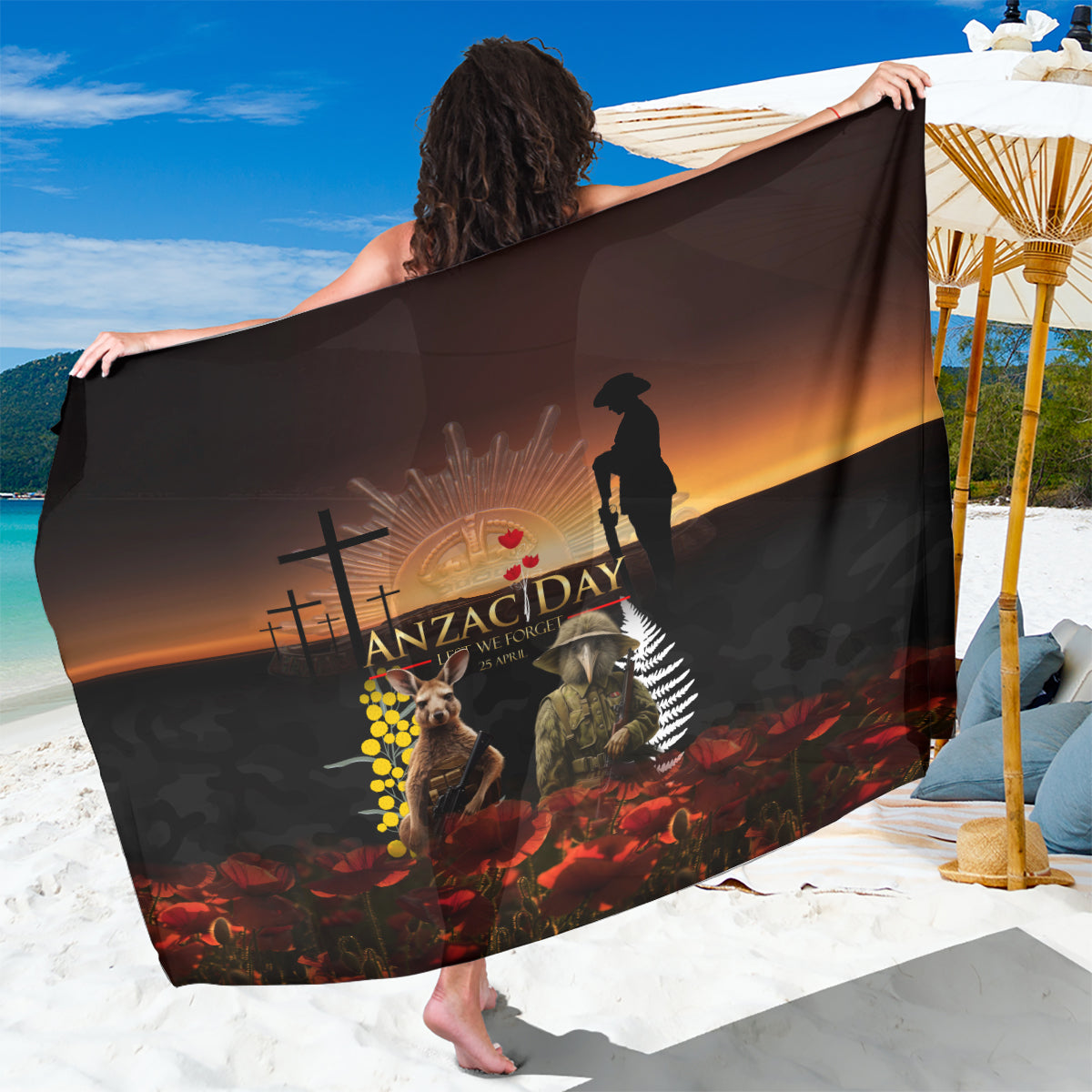 New Zealand and Australia ANZAC Day Sarong Kiwi Bird and Kangaroo Soldier LT03 One Size 44 x 66 inches Black - Polynesian Pride