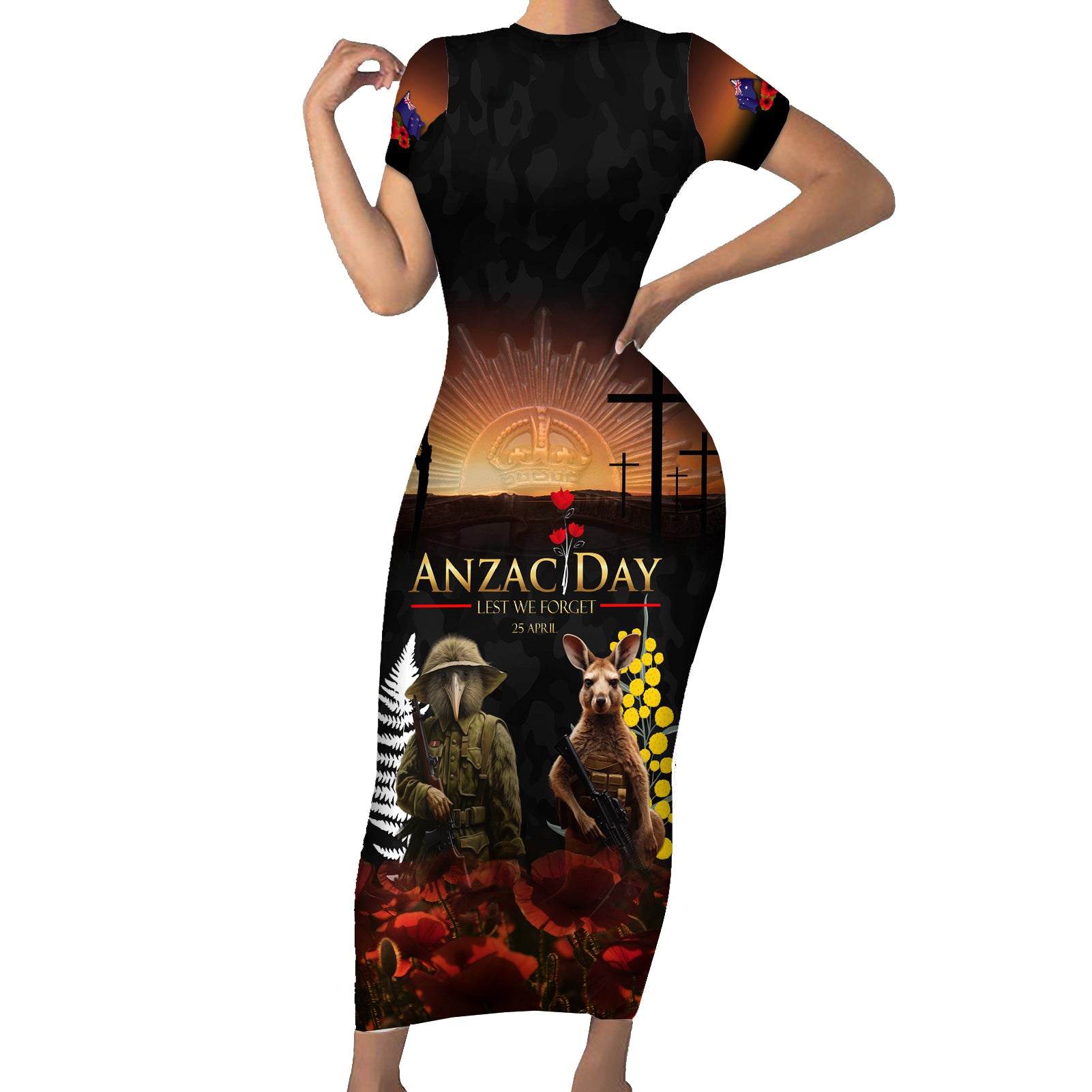 New Zealand and Australia ANZAC Day Short Sleeve Bodycon Dress Kiwi Bird and Kangaroo Soldier LT03 Long Dress Black - Polynesian Pride