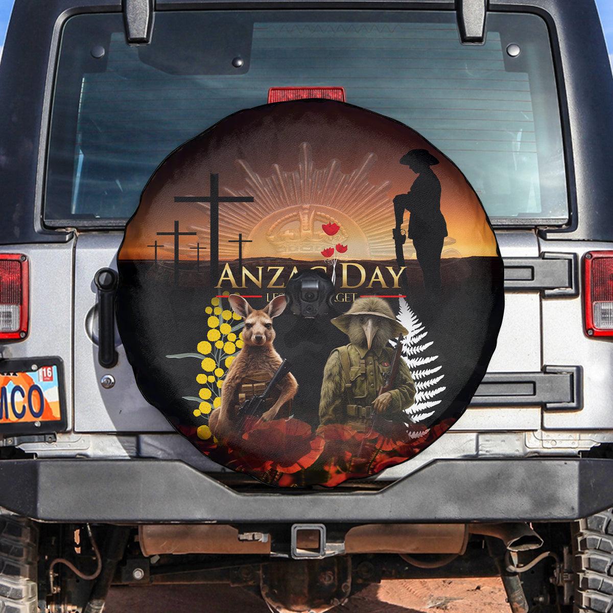 New Zealand and Australia ANZAC Day Spare Tire Cover Kiwi Bird and Kangaroo Soldier LT03 Black - Polynesian Pride