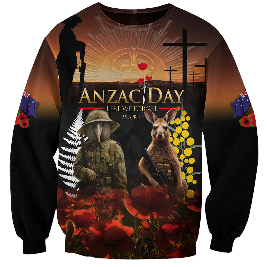 New Zealand and Australia ANZAC Day Sweatshirt Kiwi Bird and Kangaroo Soldier LT03 Unisex Black - Polynesian Pride