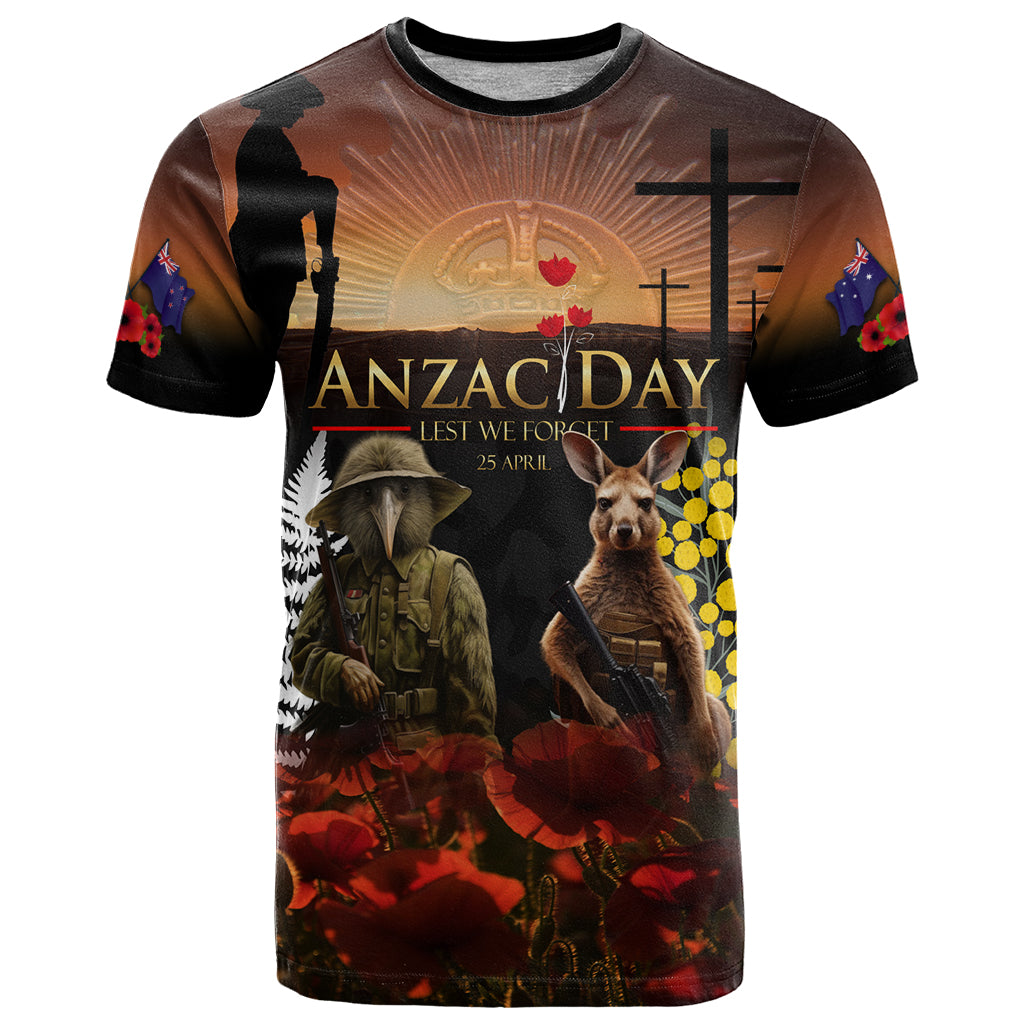 New Zealand and Australia ANZAC Day T Shirt Kiwi Bird and Kangaroo Soldier LT03 Black - Polynesian Pride