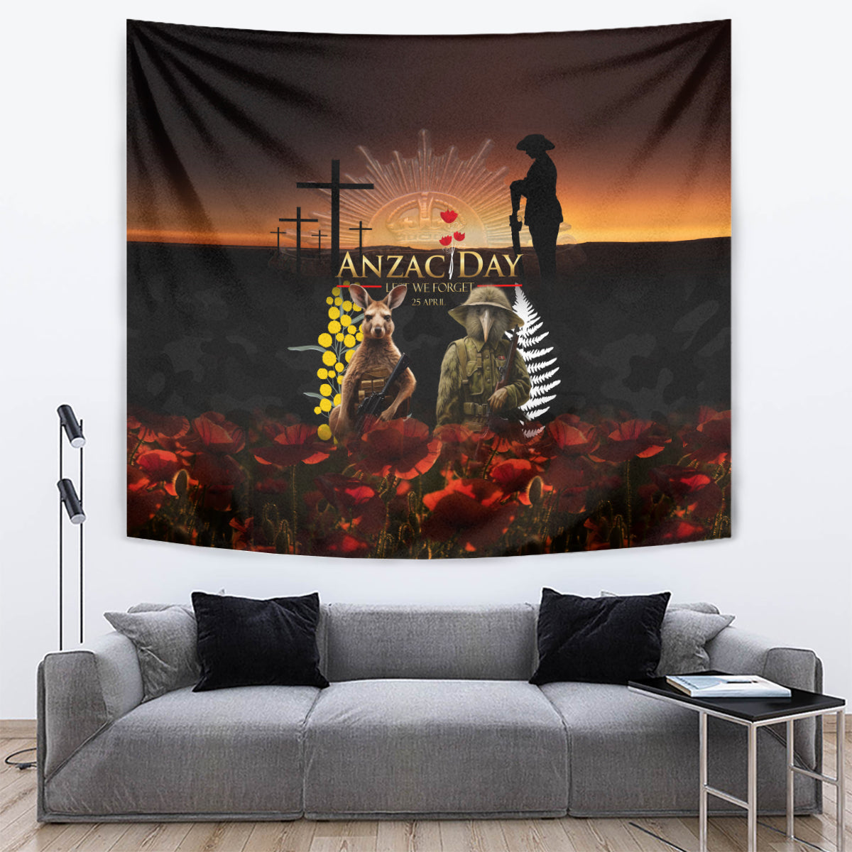 New Zealand and Australia ANZAC Day Tapestry Kiwi Bird and Kangaroo Soldier LT03 Black - Polynesian Pride