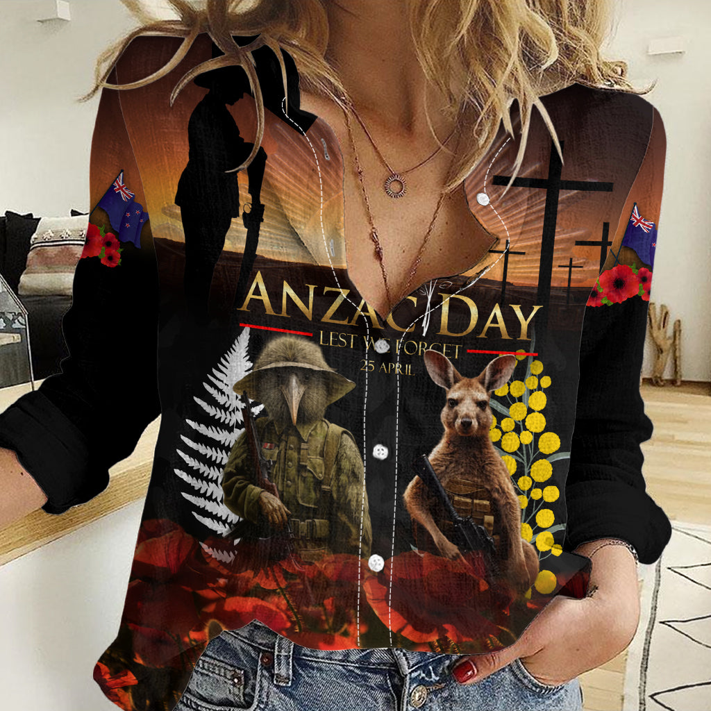 New Zealand and Australia ANZAC Day Women Casual Shirt Kiwi Bird and Kangaroo Soldier LT03 Female Black - Polynesian Pride