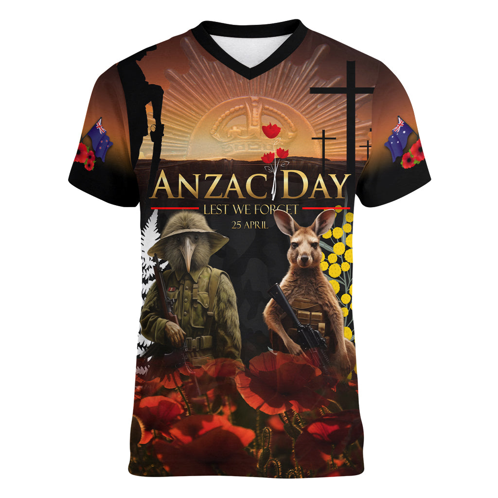 New Zealand and Australia ANZAC Day Women V Neck T Shirt Kiwi Bird and Kangaroo Soldier LT03 Female Black - Polynesian Pride