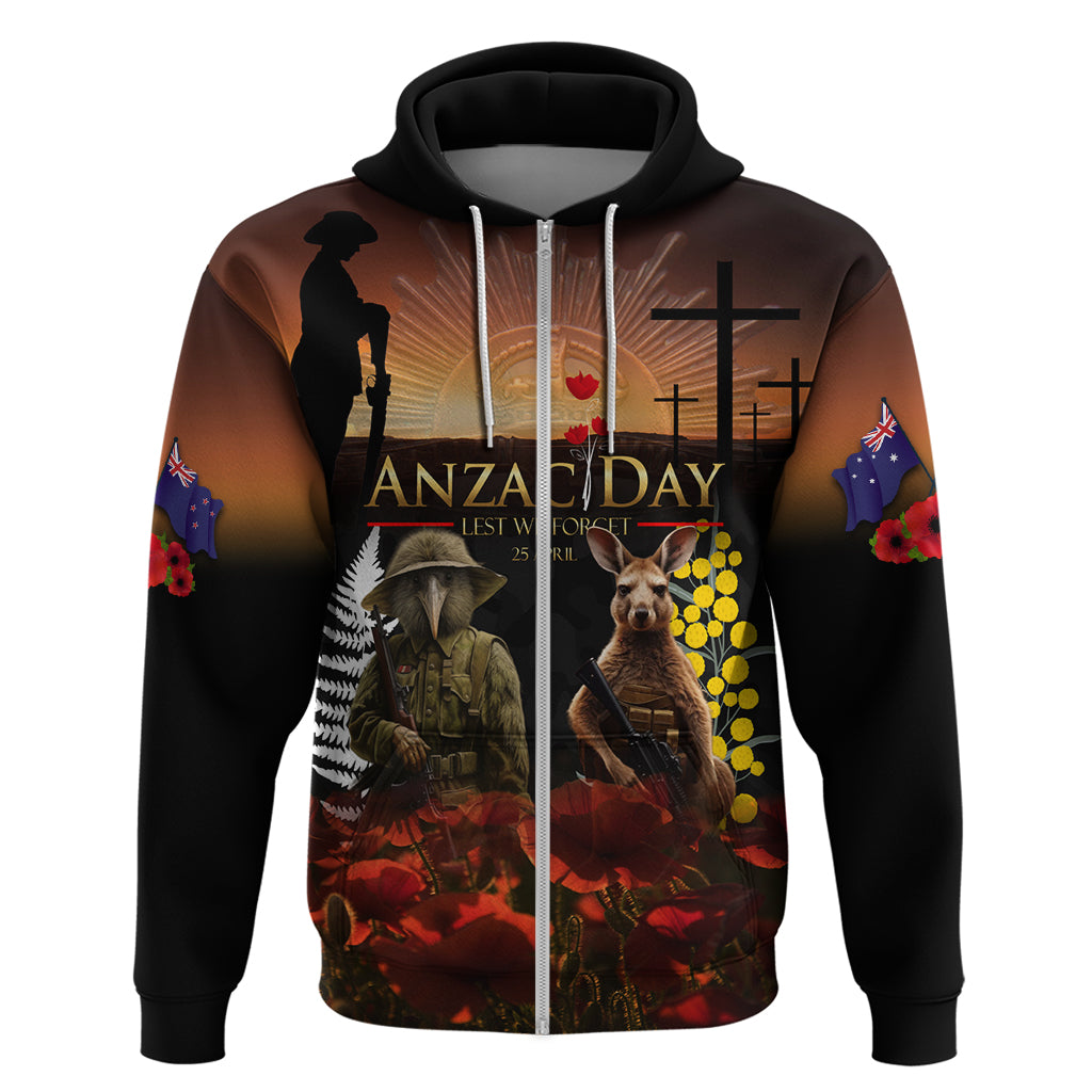 New Zealand and Australia ANZAC Day Zip Hoodie Kiwi Bird and Kangaroo Soldier LT03 Zip Hoodie Black - Polynesian Pride