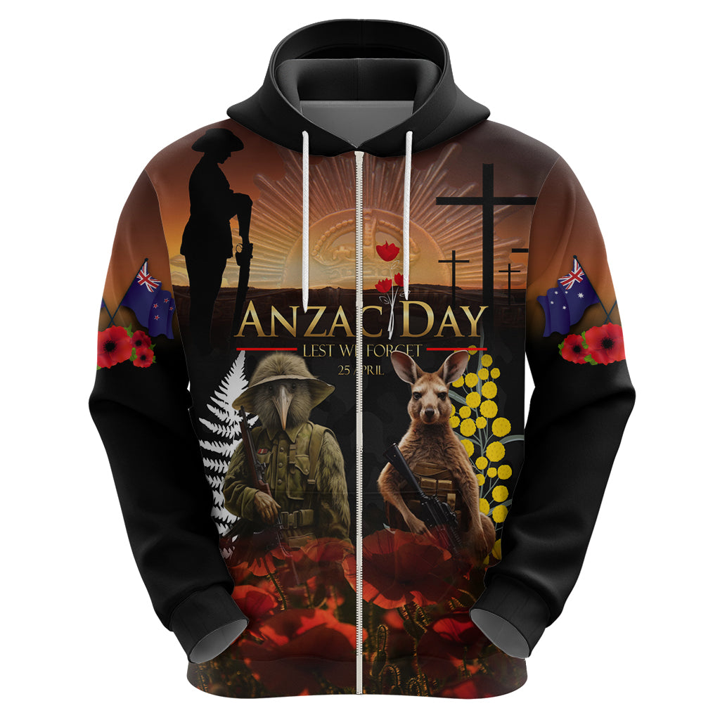 New Zealand and Australia ANZAC Day Zip Hoodie Kiwi Bird and Kangaroo Soldier LT03 - Polynesian Pride