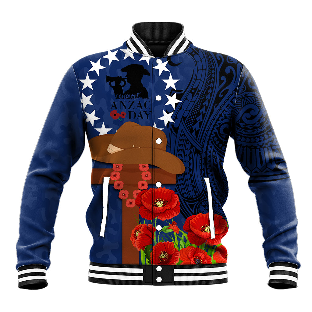 Cook Island ANZAC Day Baseball Jacket Soldier Paying Respect We Shall Remember Them LT03 Unisex Blue - Polynesian Pride