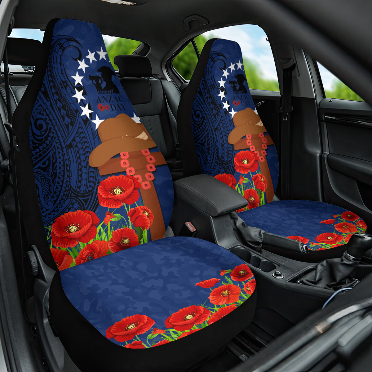 Cook Islands ANZAC Day Car Seat Cover Soldier Paying Respect We Shall Remember Them LT03 One Size Blue - Polynesian Pride