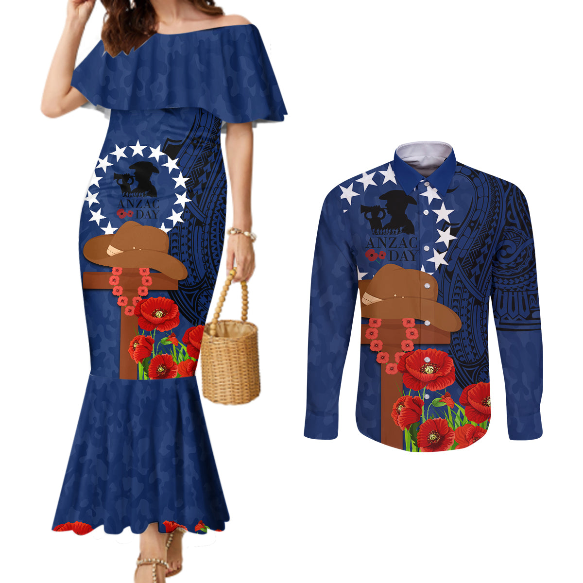 Cook Island ANZAC Day Couples Matching Mermaid Dress and Long Sleeve Button Shirt Soldier Paying Respect We Shall Remember Them LT03 Blue - Polynesian Pride