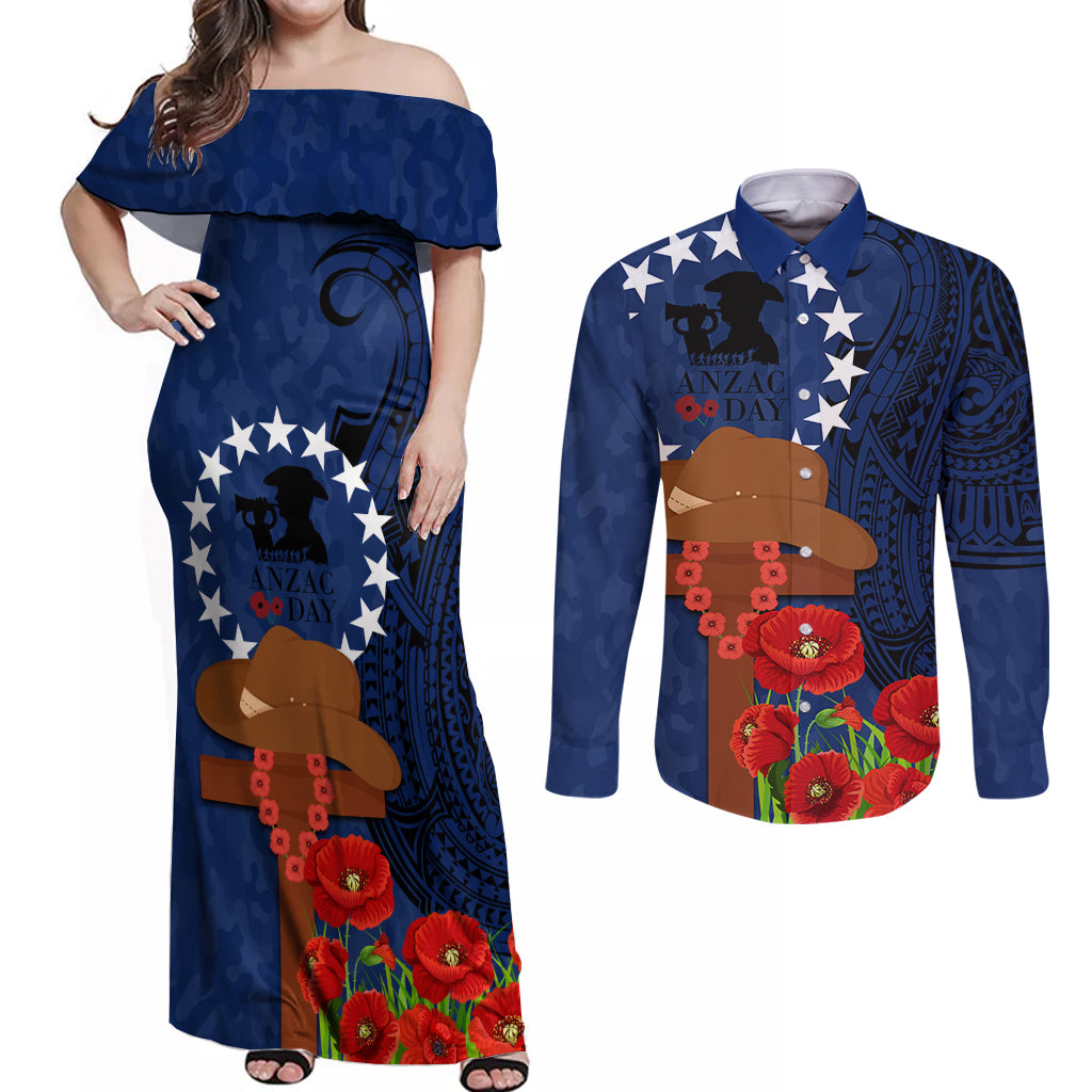 Cook Island ANZAC Day Couples Matching Off Shoulder Maxi Dress and Long Sleeve Button Shirt Soldier Paying Respect We Shall Remember Them LT03 Blue - Polynesian Pride