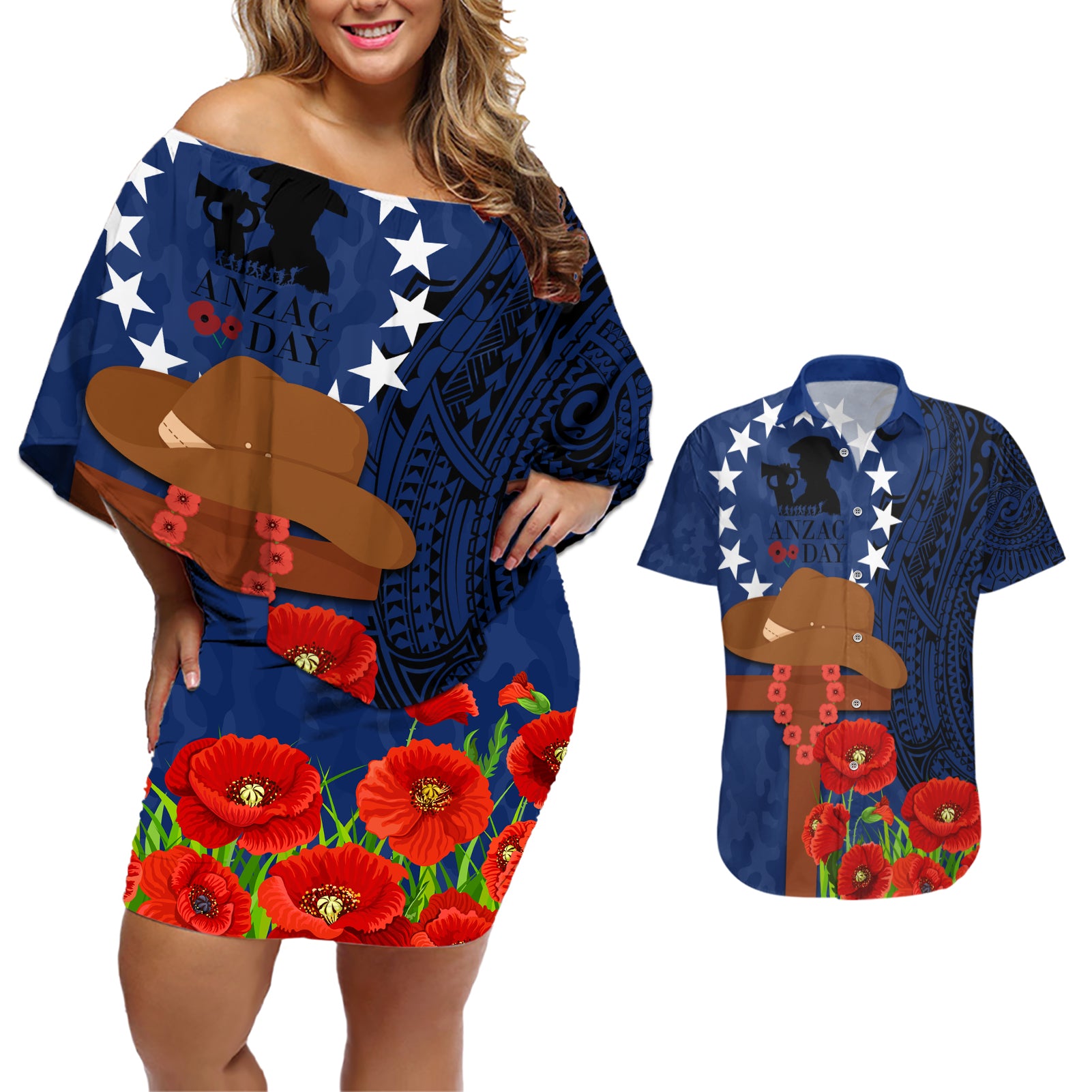 Cook Island ANZAC Day Couples Matching Off Shoulder Short Dress and Hawaiian Shirt Soldier Paying Respect We Shall Remember Them LT03 Blue - Polynesian Pride