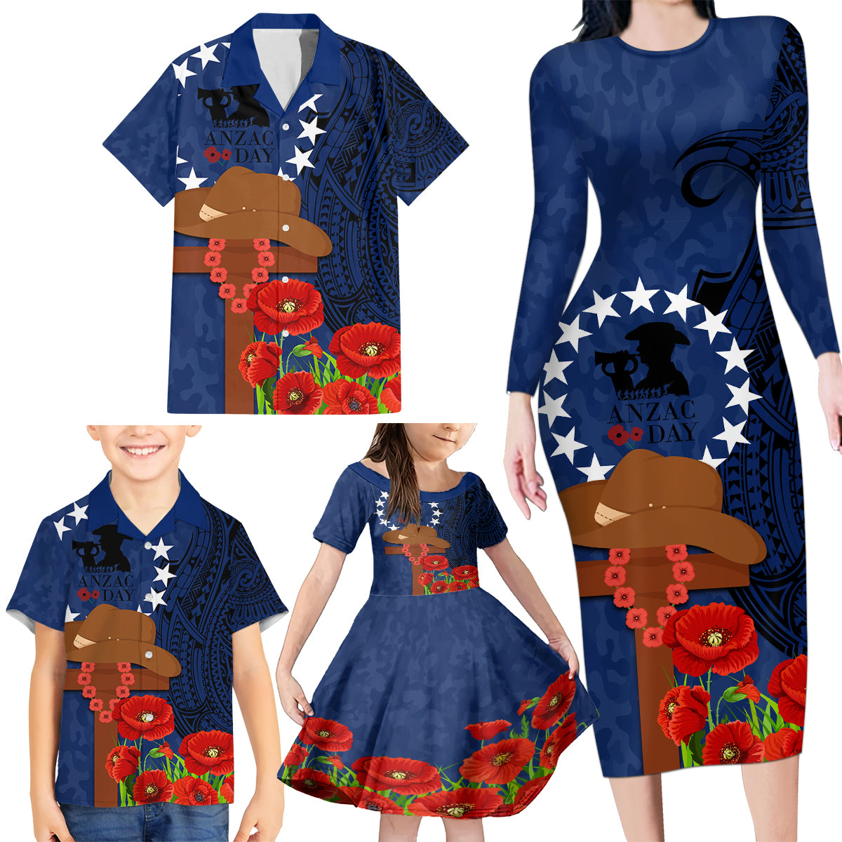 Cook Island ANZAC Day Family Matching Long Sleeve Bodycon Dress and Hawaiian Shirt Soldier Paying Respect We Shall Remember Them LT03 - Polynesian Pride