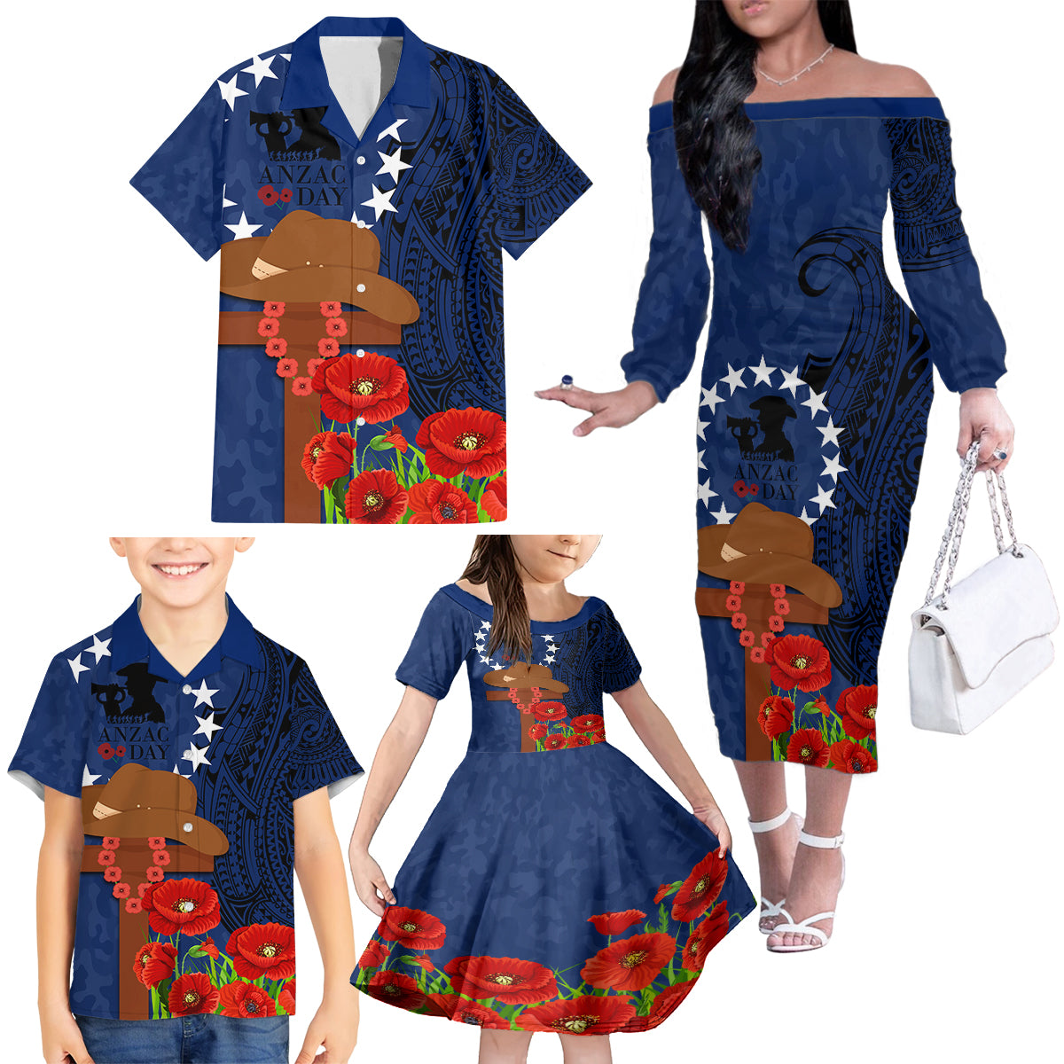 Cook Island ANZAC Day Family Matching Off Shoulder Long Sleeve Dress and Hawaiian Shirt Soldier Paying Respect We Shall Remember Them LT03 - Polynesian Pride