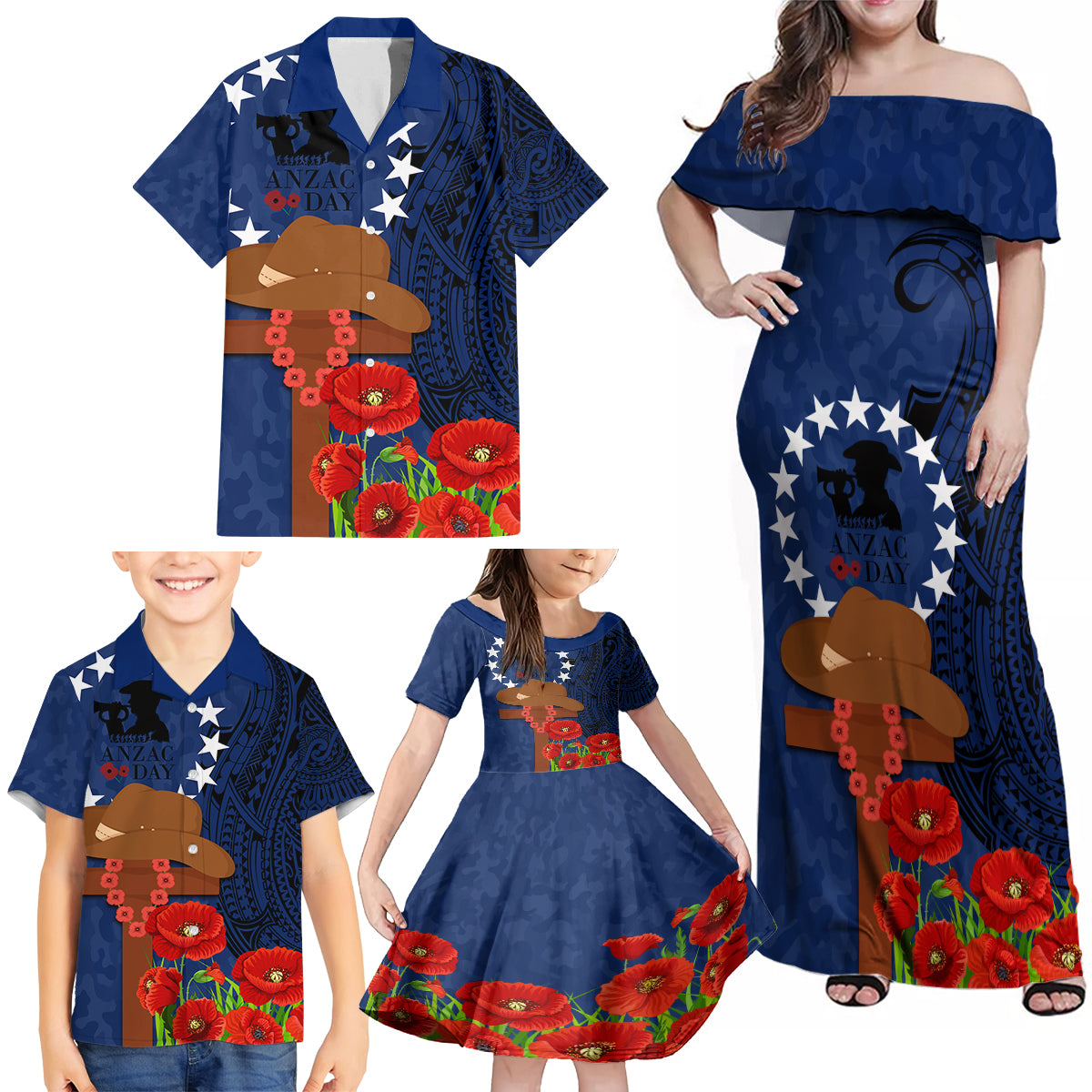 Cook Island ANZAC Day Family Matching Off Shoulder Maxi Dress and Hawaiian Shirt Soldier Paying Respect We Shall Remember Them LT03 - Polynesian Pride