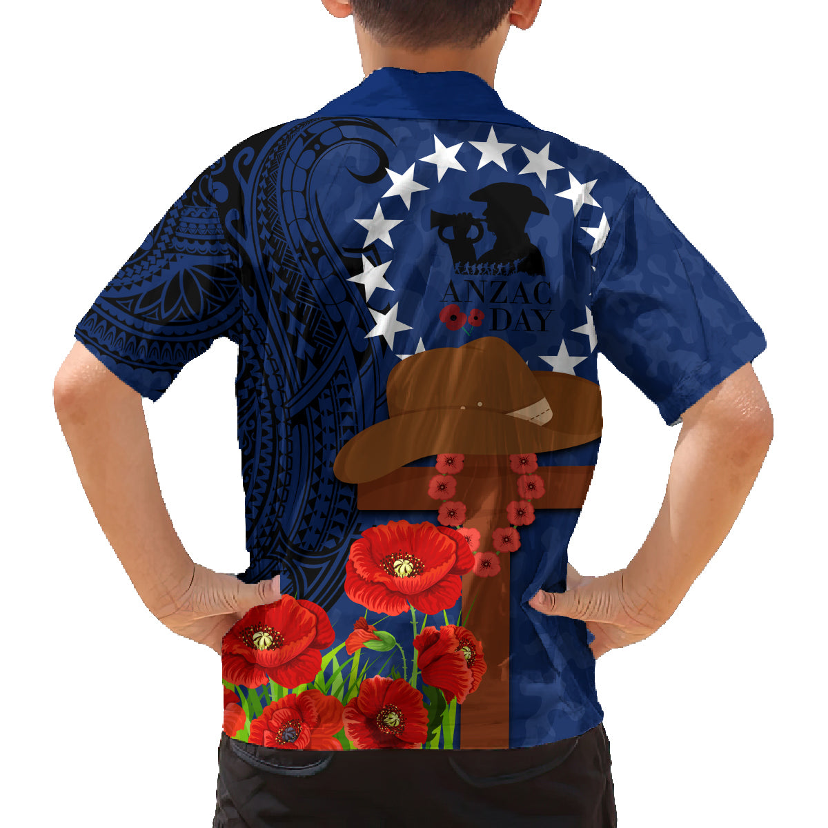 Cook Island ANZAC Day Family Matching Off Shoulder Short Dress and Hawaiian Shirt Soldier Paying Respect We Shall Remember Them LT03 - Polynesian Pride
