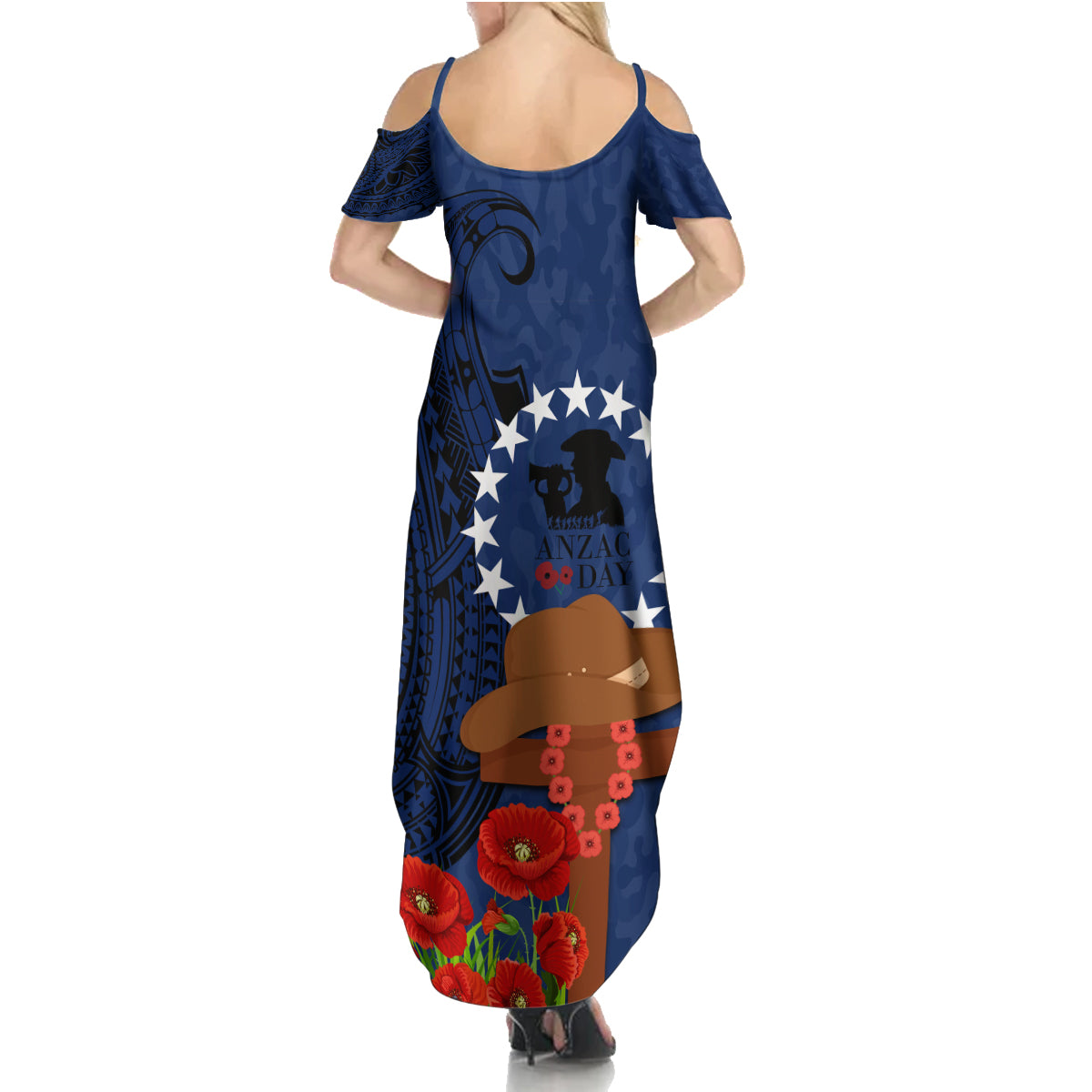 Cook Island ANZAC Day Family Matching Summer Maxi Dress and Hawaiian Shirt Soldier Paying Respect We Shall Remember Them LT03 - Polynesian Pride