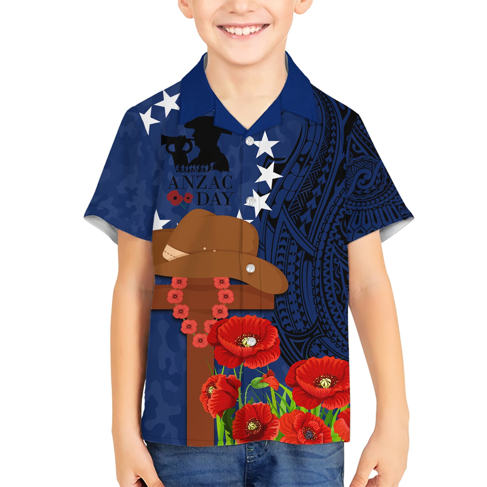 Cook Island ANZAC Day Kid Hawaiian Shirt Soldier Paying Respect We Shall Remember Them LT03 Kid Blue - Polynesian Pride