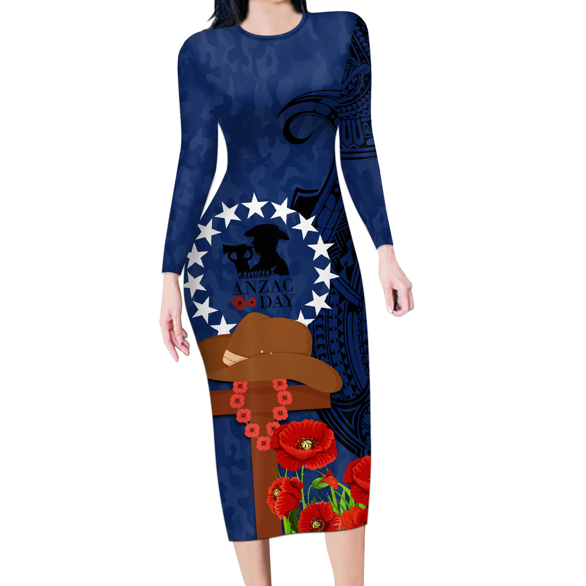 Cook Island ANZAC Day Long Sleeve Bodycon Dress Soldier Paying Respect We Shall Remember Them LT03 Long Dress Blue - Polynesian Pride