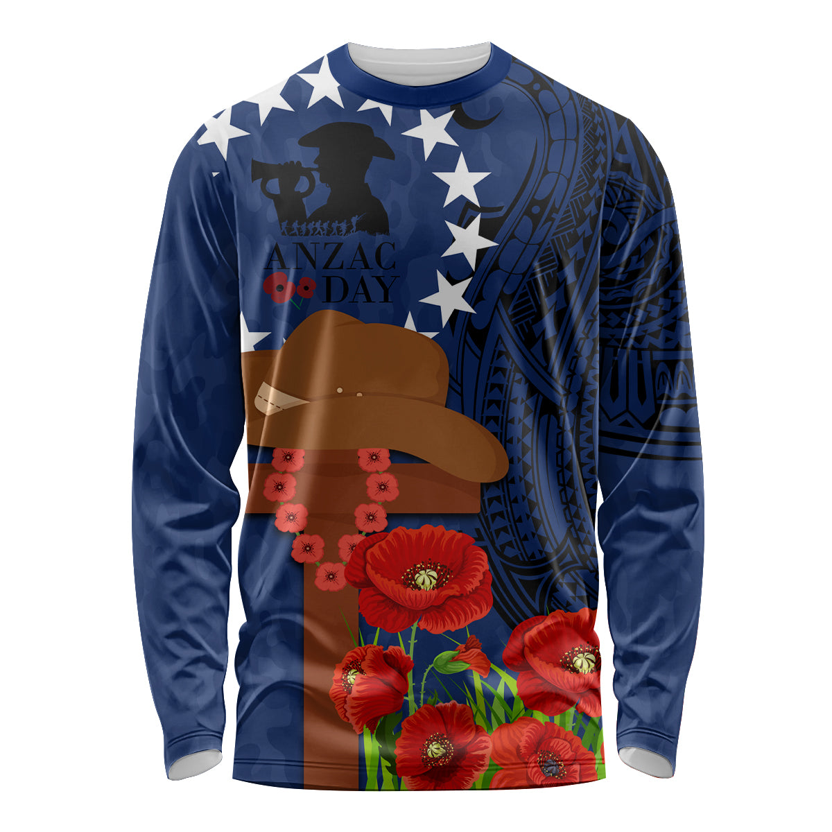 Cook Island ANZAC Day Long Sleeve Shirt Soldier Paying Respect We Shall Remember Them LT03 Unisex Blue - Polynesian Pride