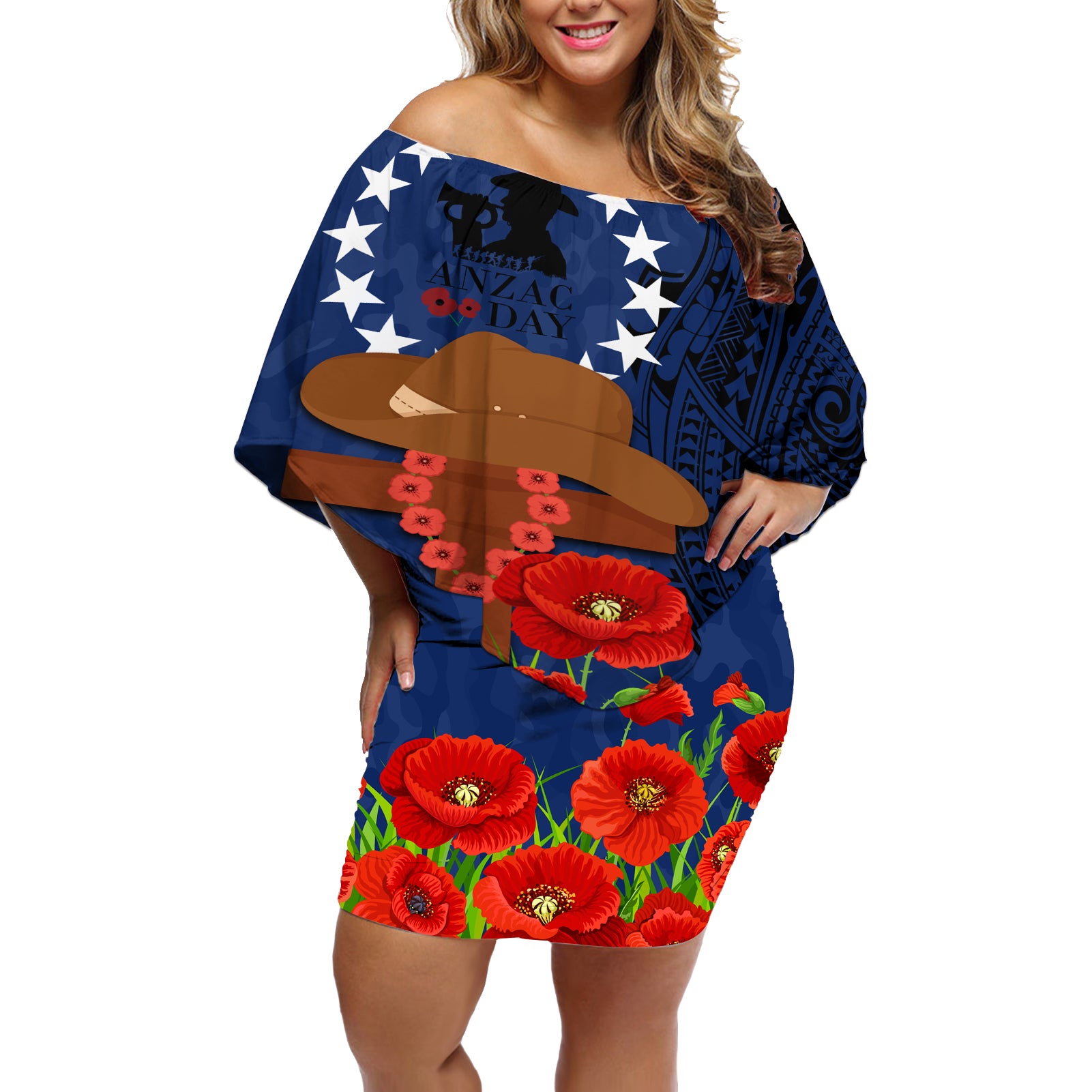 Cook Island ANZAC Day Off Shoulder Short Dress Soldier Paying Respect We Shall Remember Them LT03 Women Blue - Polynesian Pride