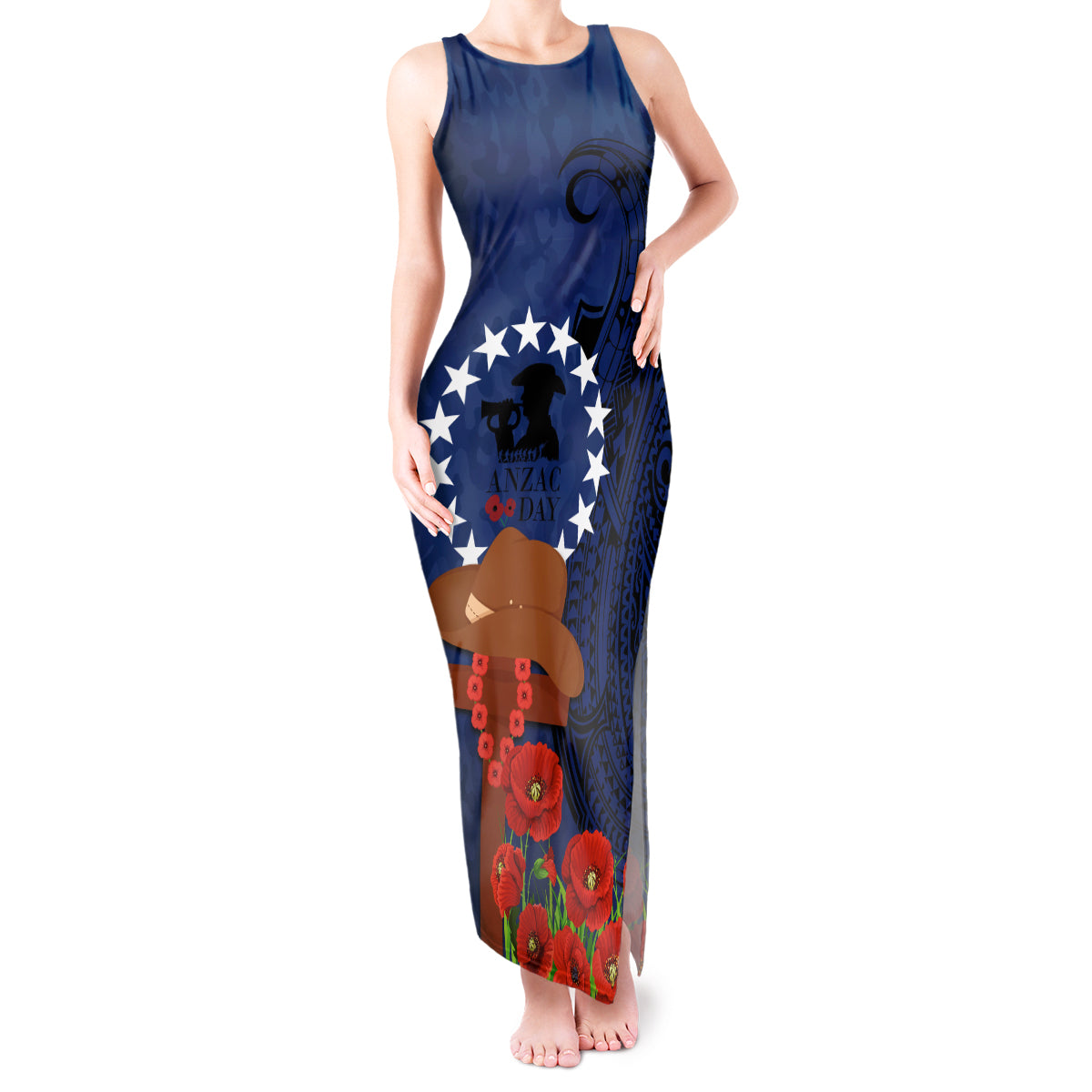 Cook Island ANZAC Day Tank Maxi Dress Soldier Paying Respect We Shall Remember Them LT03 Women Blue - Polynesian Pride