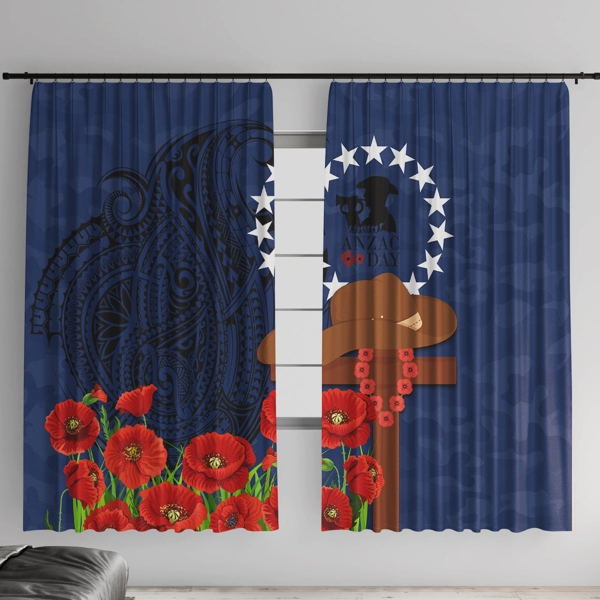 Cook Islands ANZAC Day Window Curtain Soldier Paying Respect We Shall Remember Them LT03 With Hooks Blue - Polynesian Pride