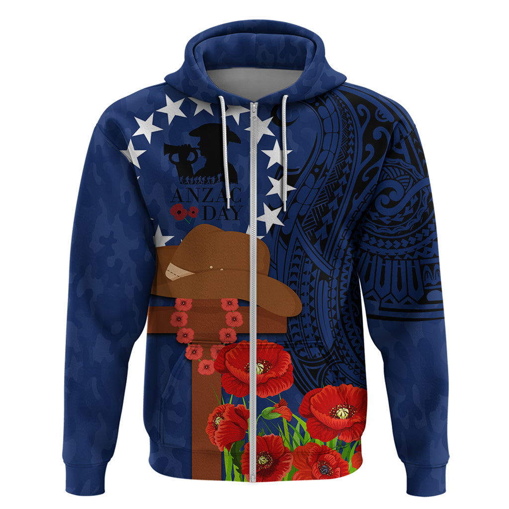 Cook Island ANZAC Day Zip Hoodie Soldier Paying Respect We Shall Remember Them LT03 Zip Hoodie Blue - Polynesian Pride