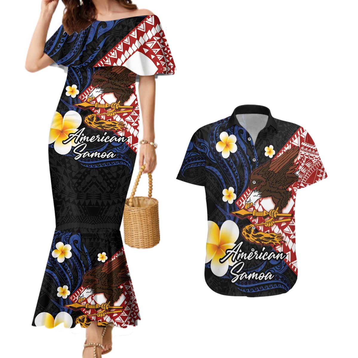 American Samoa Flag Day Couples Matching Mermaid Dress and Hawaiian Shirt Polynesian Tatau Art and Plumeria