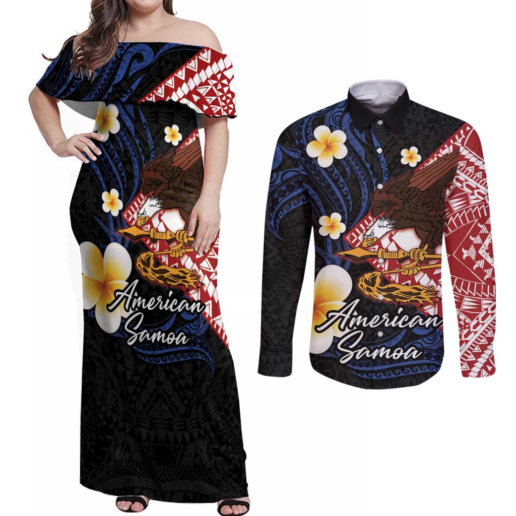 American Samoa Flag Day Couples Matching Off Shoulder Maxi Dress and Long Sleeve Button Shirt Polynesian Tatau Art and Plumeria