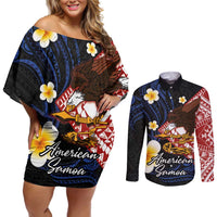 American Samoa Flag Day Couples Matching Off Shoulder Short Dress and Long Sleeve Button Shirt Polynesian Tatau Art and Plumeria