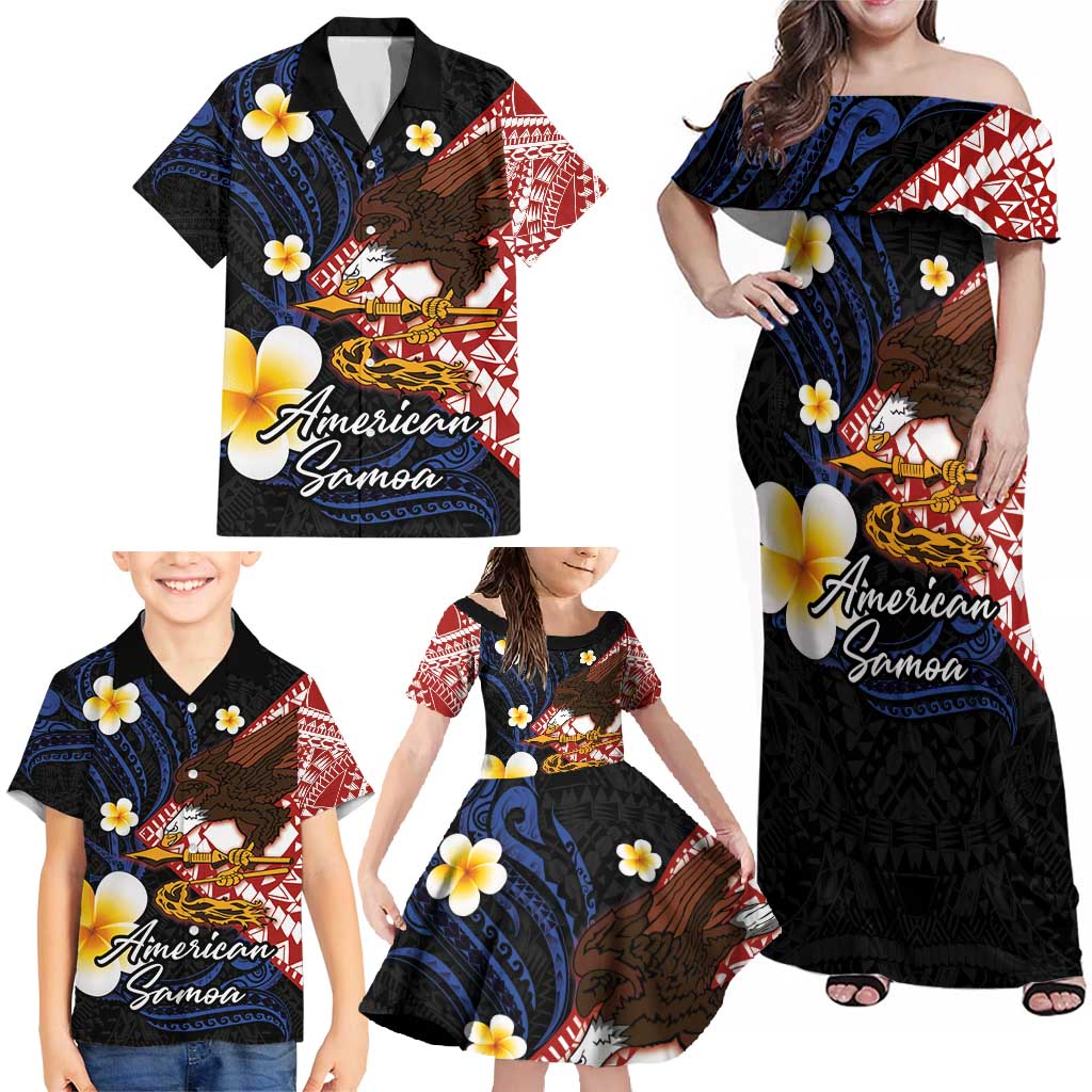 American Samoa Flag Day Family Matching Off Shoulder Maxi Dress and Hawaiian Shirt Polynesian Tatau Art and Plumeria