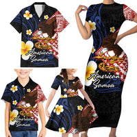 American Samoa Flag Day Family Matching Short Sleeve Bodycon Dress and Hawaiian Shirt Polynesian Tatau Art and Plumeria