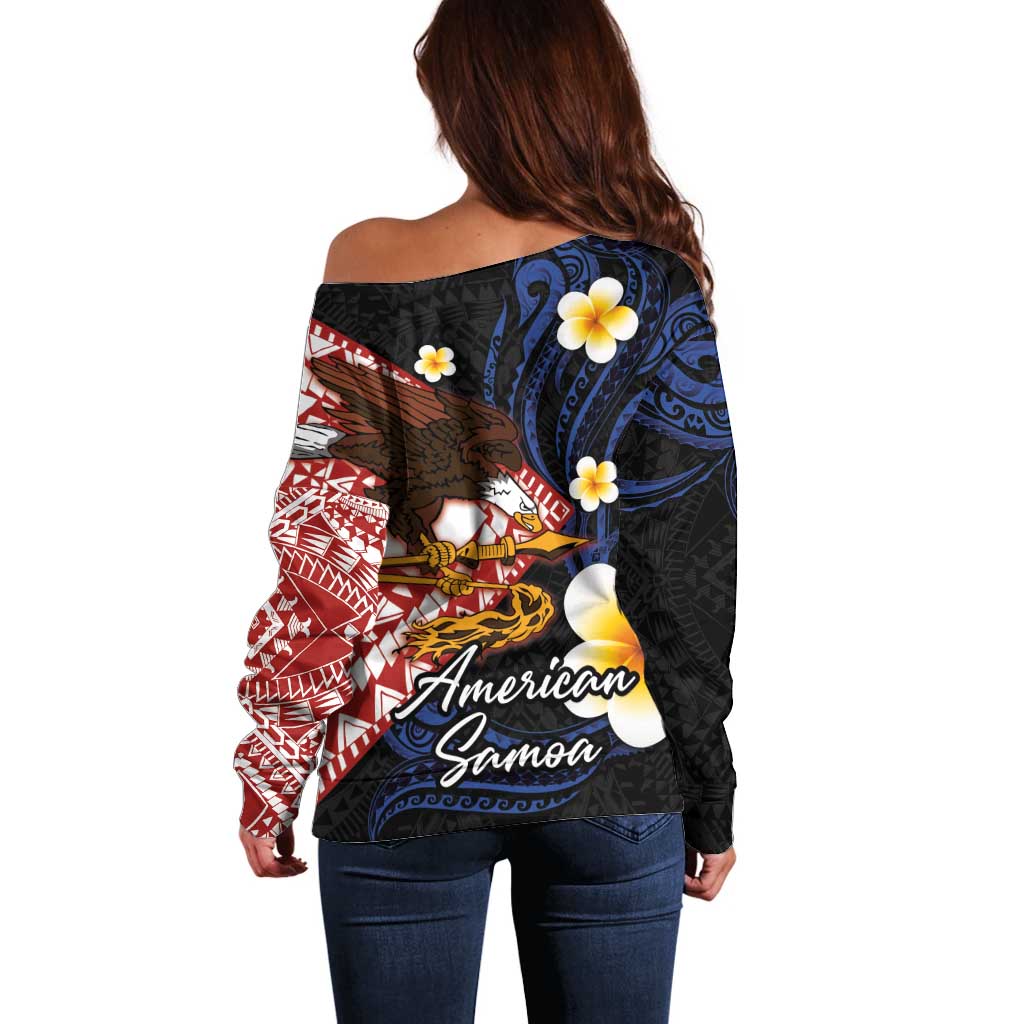 American Samoa Flag Day Off Shoulder Sweater Polynesian Tatau Art and Plumeria