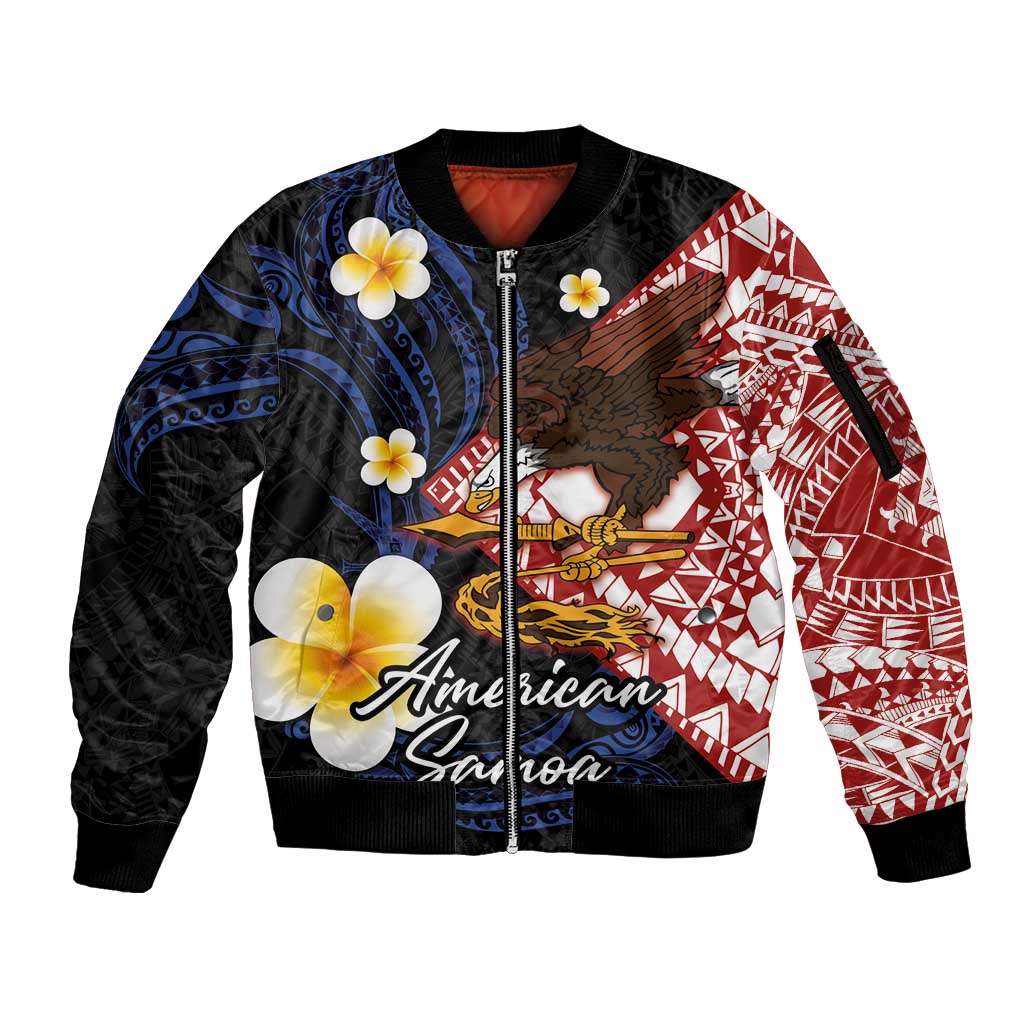 American Samoa Flag Day Sleeve Zip Bomber Jacket Polynesian Tatau Art and Plumeria