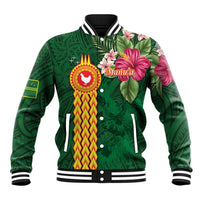 Manuʻa Islands Baseball Jacket Polynesian Style with Rooster Tattoo and Tropical Plants