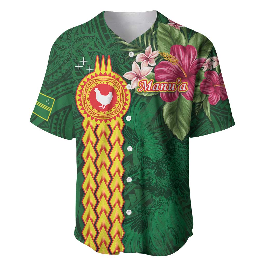 Manuʻa Islands Baseball Jersey Polynesian Style with Rooster Tattoo and Tropical Plants